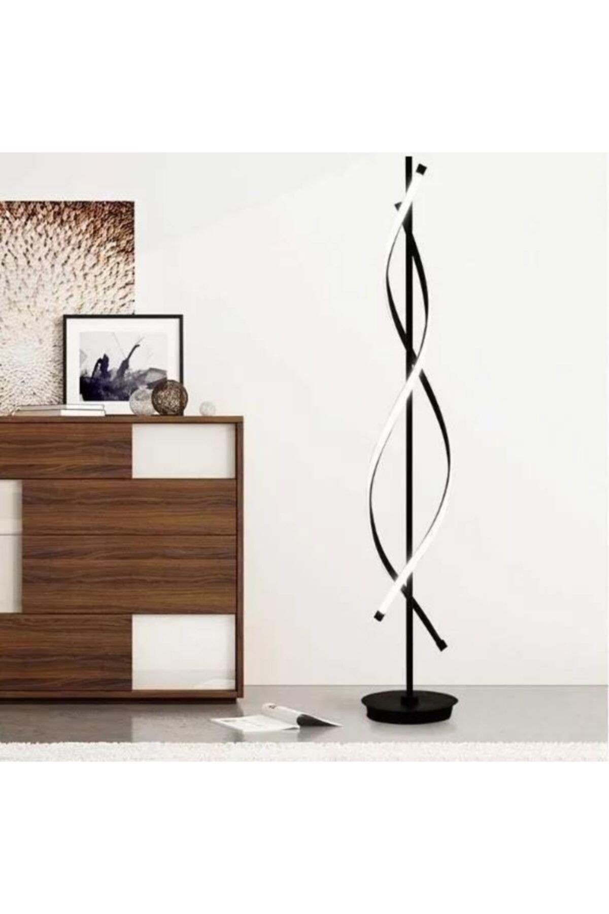 Dalga Siyah Modern Beyaz Ledli Lambader