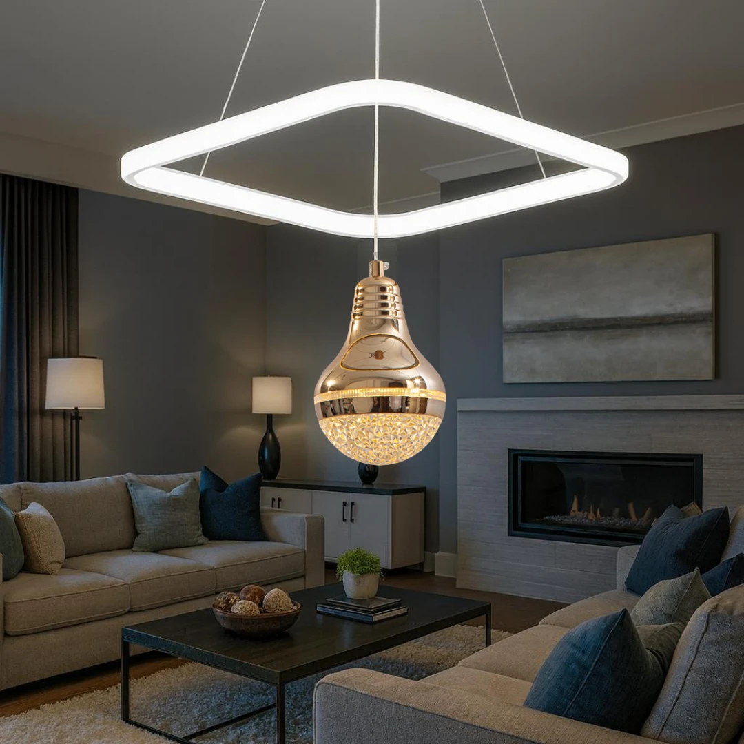 Luna Beyaz Gold 3 Renk Ledli Lüks Modern Sarkık Kare Tekli Ledli Avize-Çap 30 cm