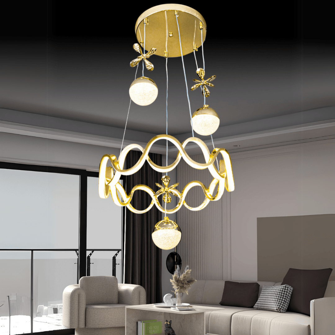 Alara Gold Kaplama 3 Renk Ledli Modern Özel Tasarım Sarkıt Ledli Avize Salon Avizesi