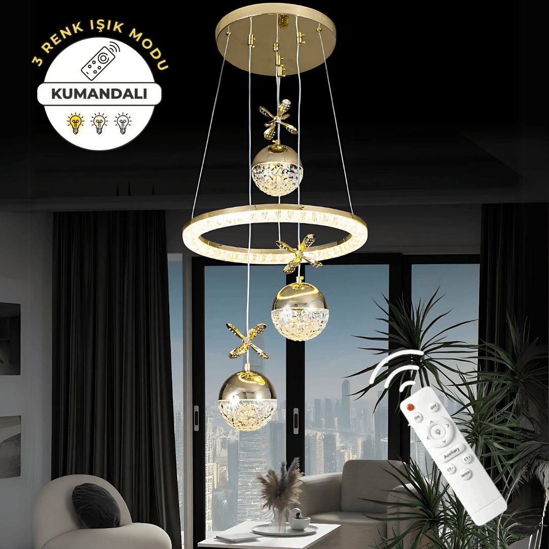 Diamond Gold Lüks Kumandalı Dimmerli 3 Renk Ledli Avize - Modern ve Göz Alıcı Salon Aydınlatması