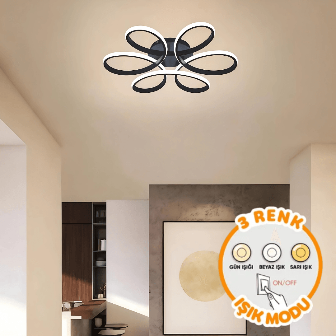 Papatya Siyah Plafonyer 3 Renk Ledli Avize Modern Led Avize  - Çap 40 cm