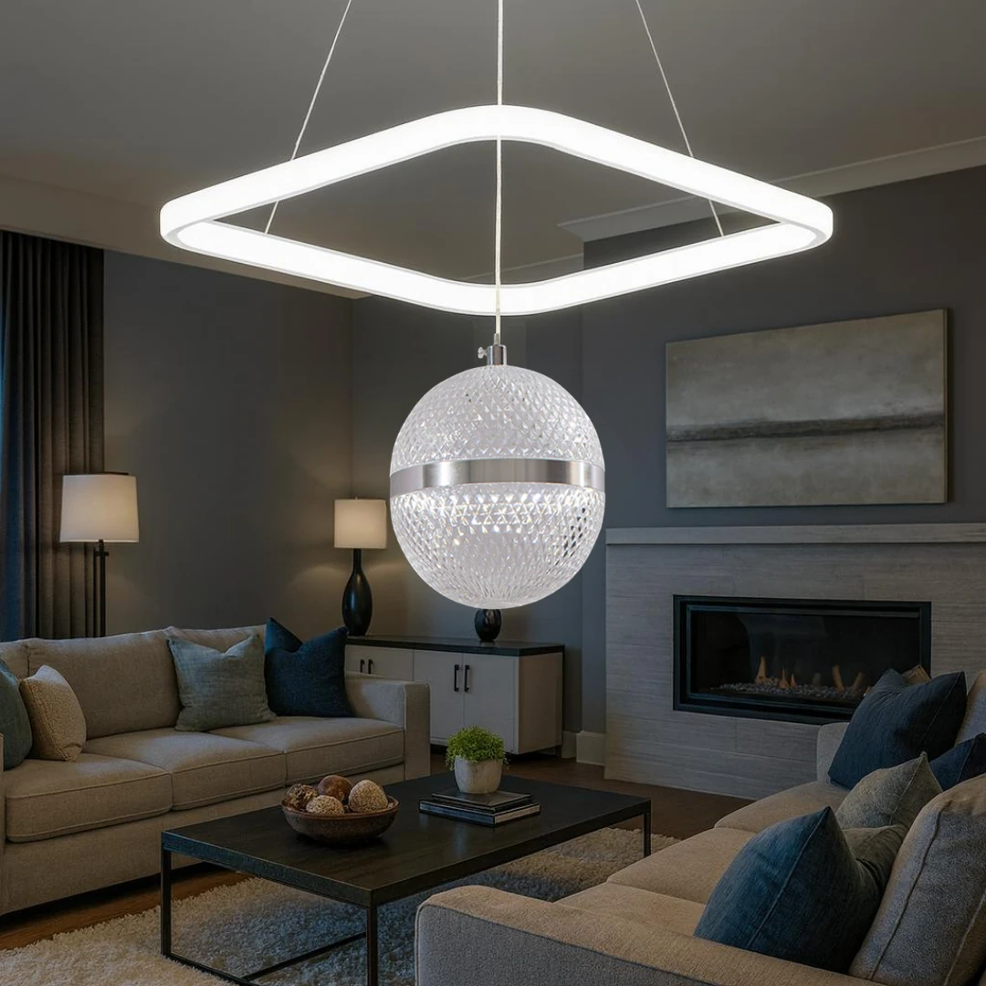 Lisa Beyaz Krom 3 Renk Ledli Lüks Modern Sarkık Kare Tekli Ledli Avize-Çap 30 cm