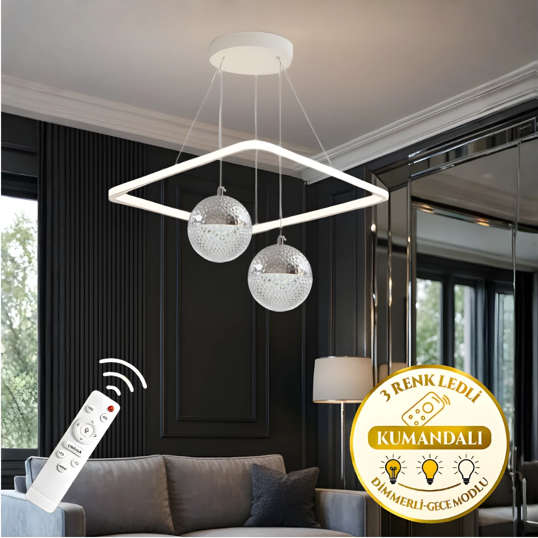 Eva Beyaz Krom Uzaktan Kumandalı 3 Renk Ledli Lüks Modern Sarkık Kare 2'Li Ledli Avize-Çap 45 cm