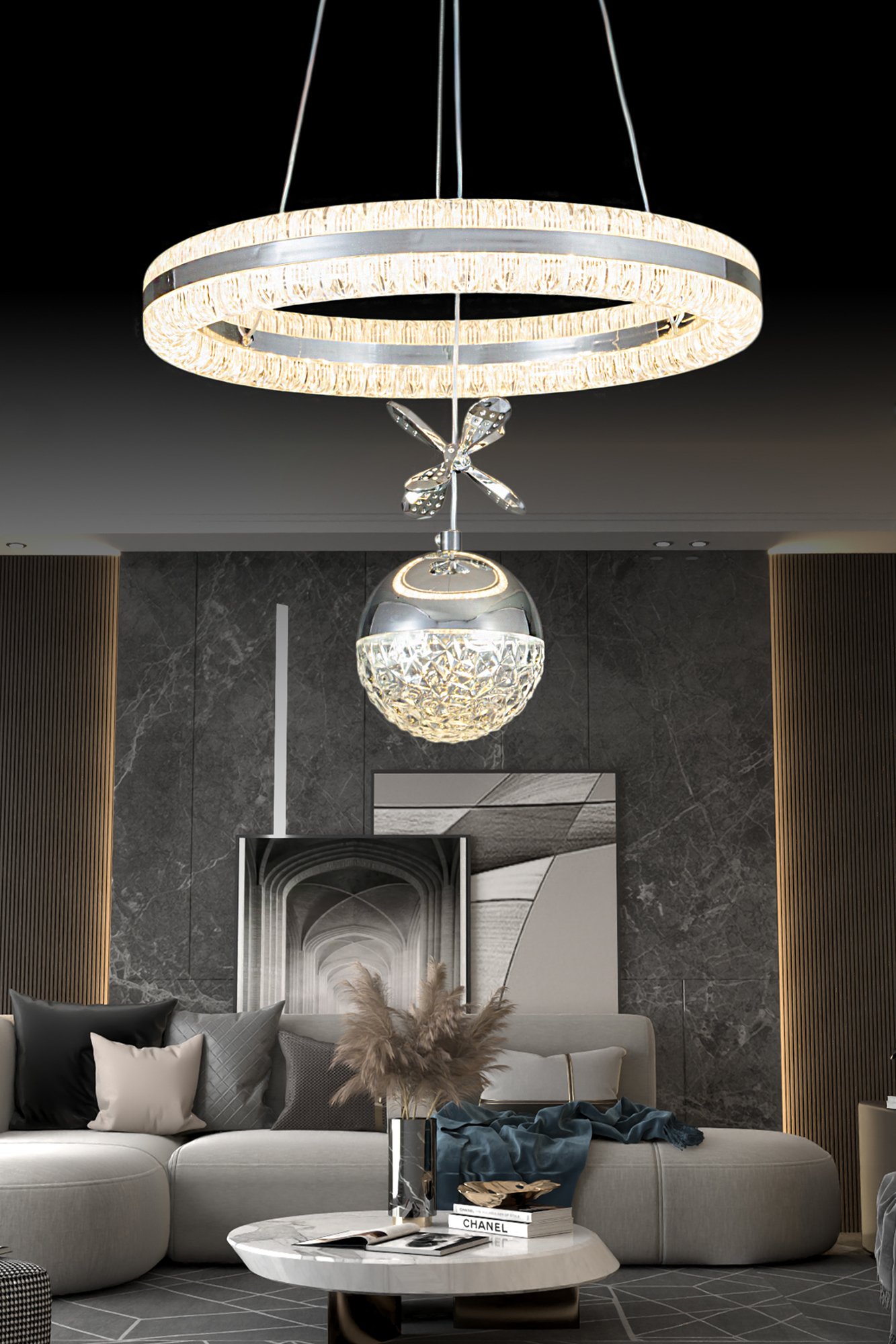 Işıltı Krom Kumandalı 3 Renk Ledli Çift Yönlü Aydınlatmalı Lüks Tasarım Ledli Avize Çap 40 cm Led Avize