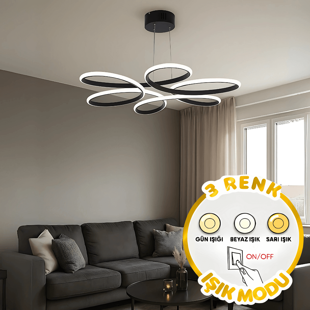 Lupin Siyah 3 Renk Ledli Sarkık Ledli Avize Modern Led Avize- Çap 60 cm