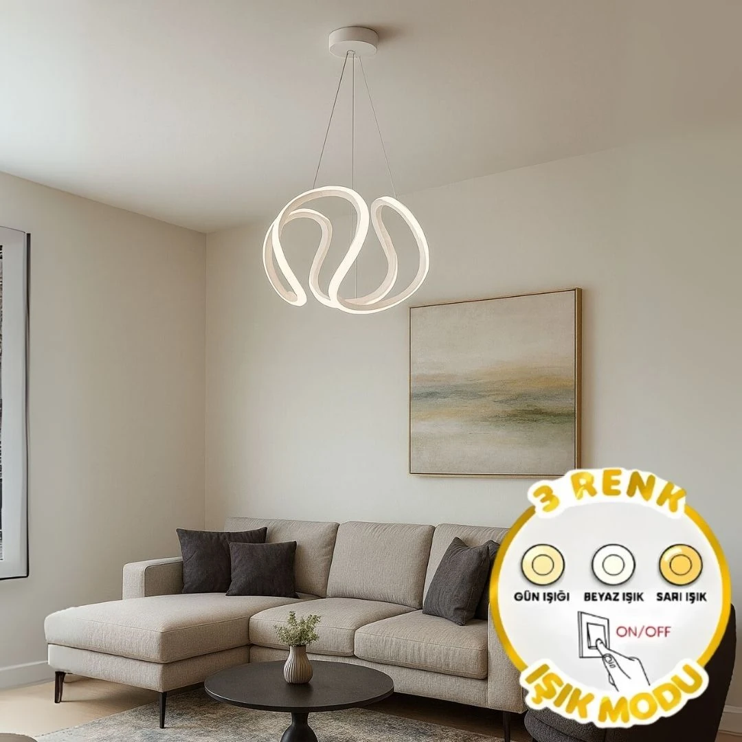 Petra Beyaz 3 Renk Ledli Sarkık Ledli Avize Modern Led Avize-Orta Boy