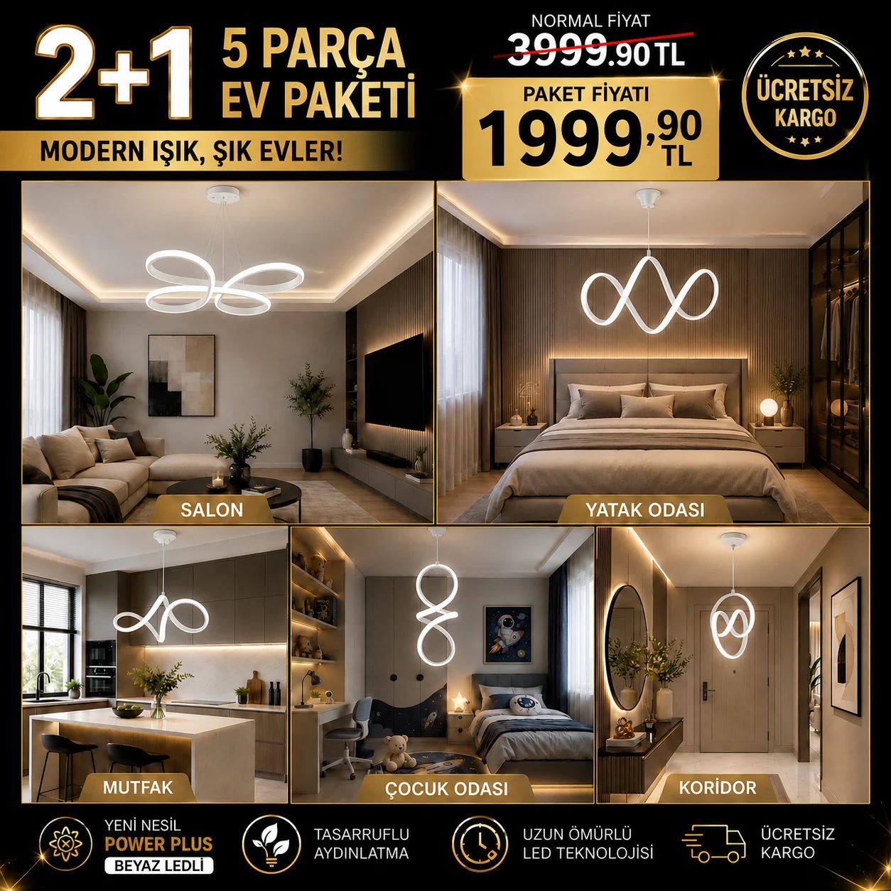 Elegance Avantajlı Ledli Avize Paketi Beyaz