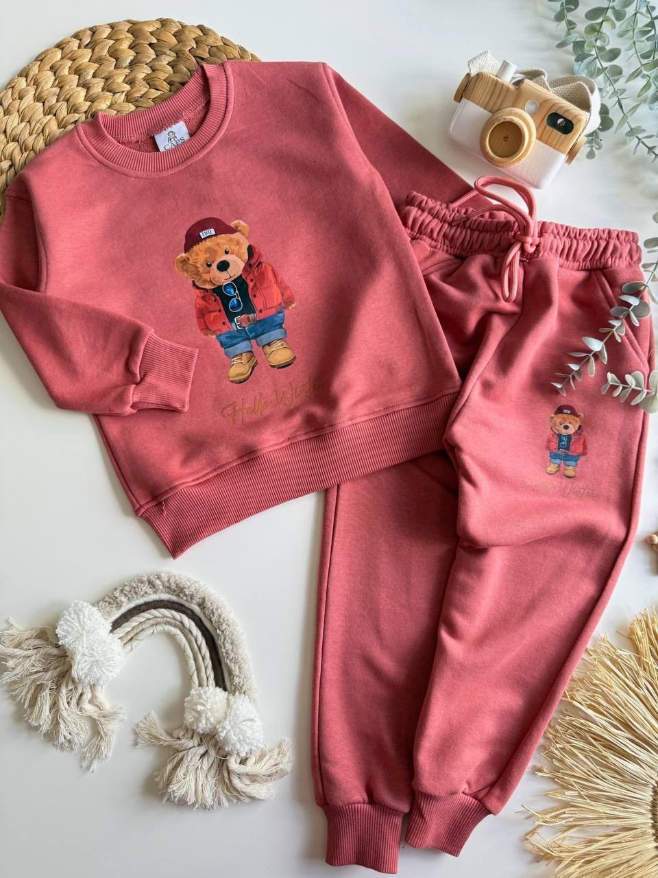 Hello Winter Sloganlı 3 İplik Sweatshirt ve Eşofman Takım-Kiremit