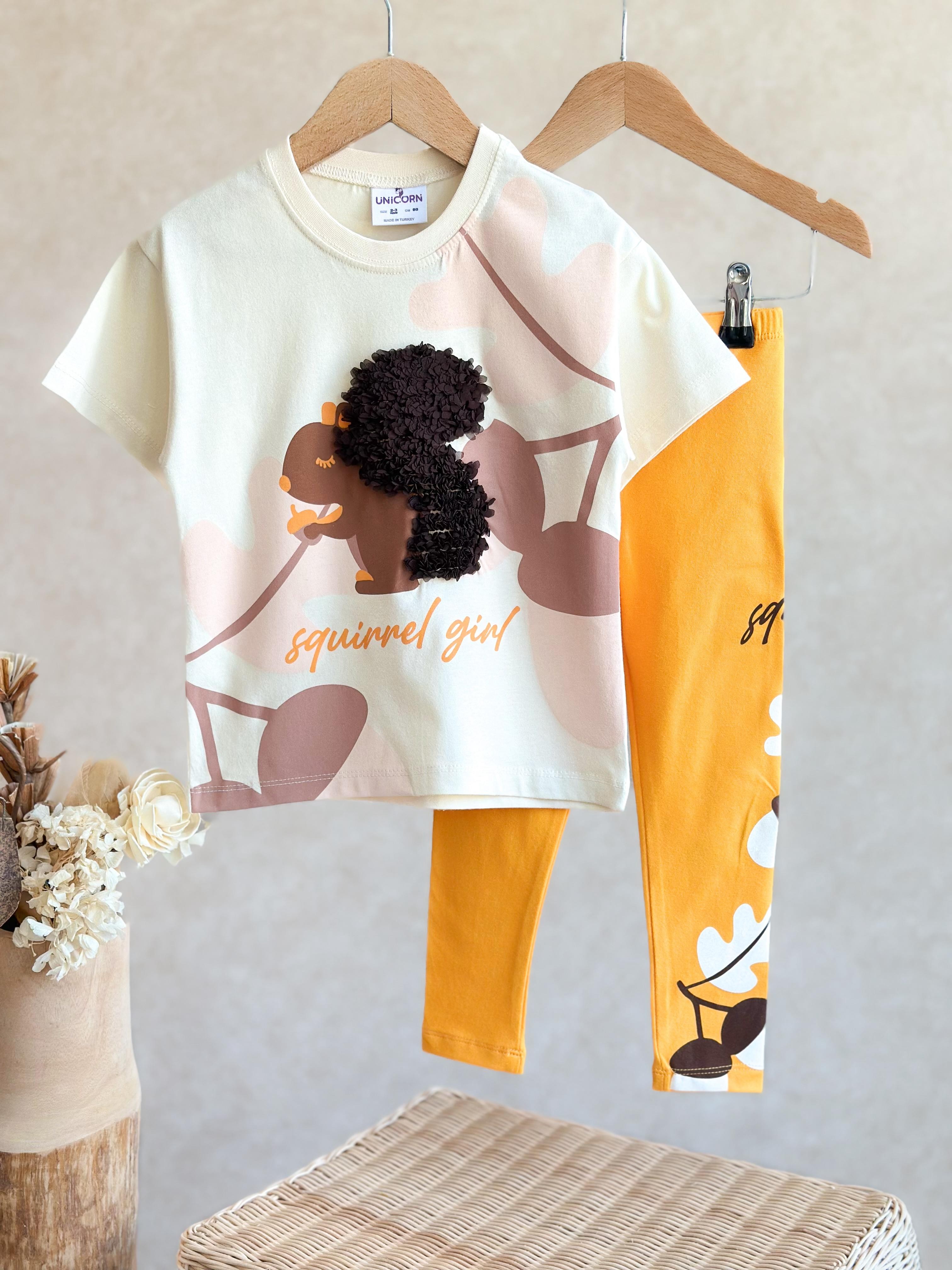 LITTLE SQUIRREL 3 Boyutlu Kız Çocuk T-Shirt ve Tayt Takım