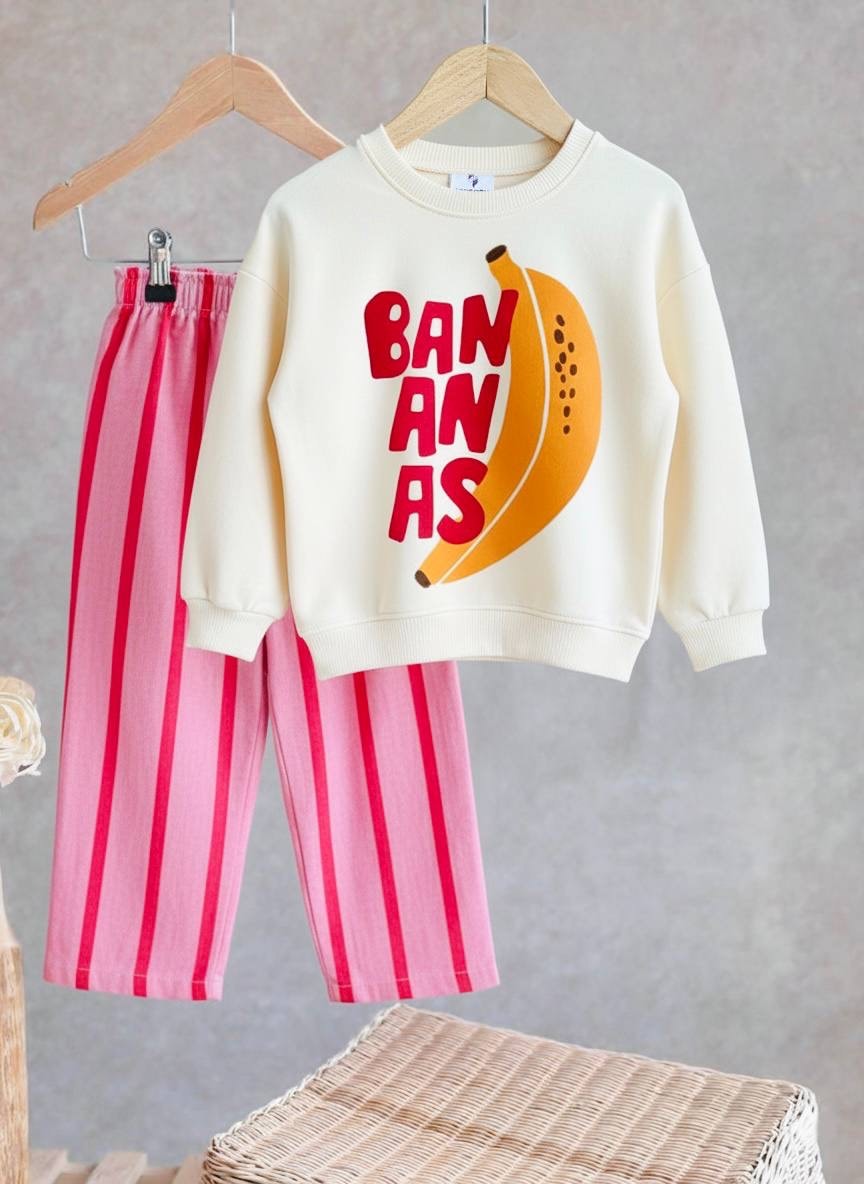BANANAS Kabartma Baskılı Sweatshirt ve Kot Canvas Dokuma Pantolon Takım