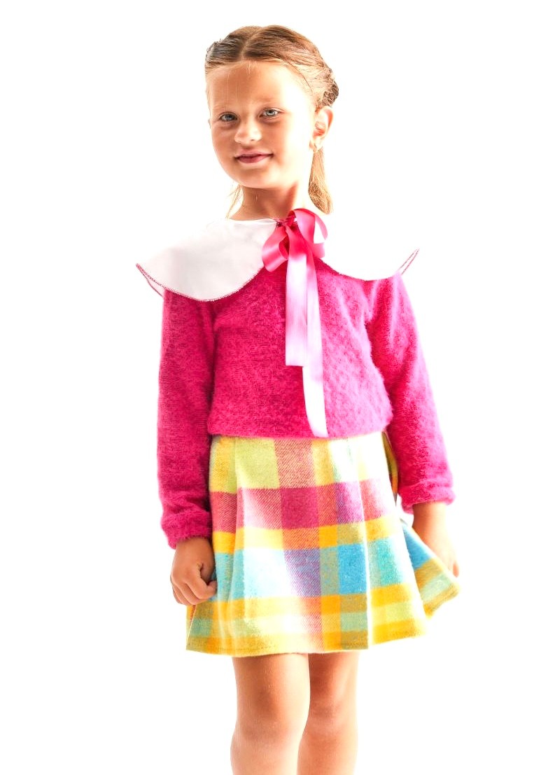 Vintage Triko Kazak ve Ekose Etek Kız Çocuk Takım-Pembe