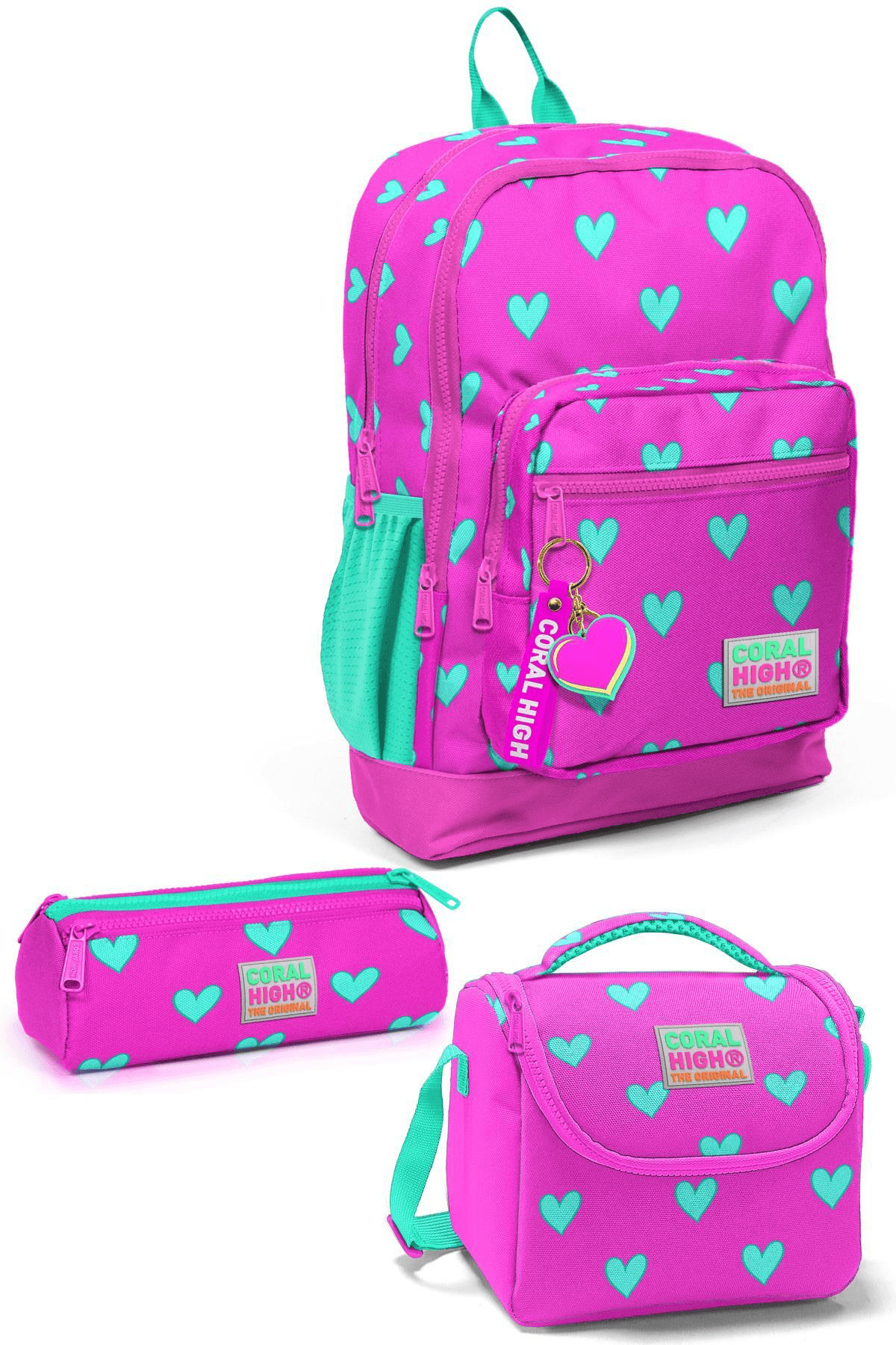 Coral High Neon Pembe Su Yeşili Kalp Desenli 3'lü Okul Çanta Seti