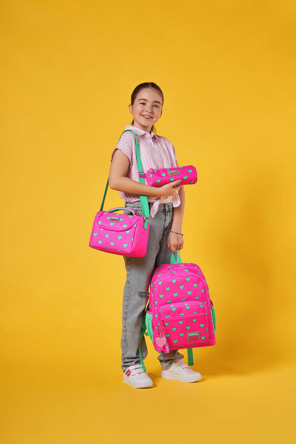 Coral High Neon Pembe Su Yeşili Kalp Desenli 3'lü Okul Çanta Seti