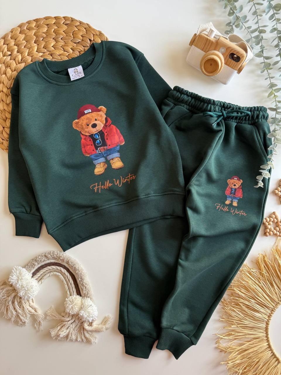 Hello Winter Sloganlı 3 İplik Sweatshirt ve Eşofman Takım-Yeşil