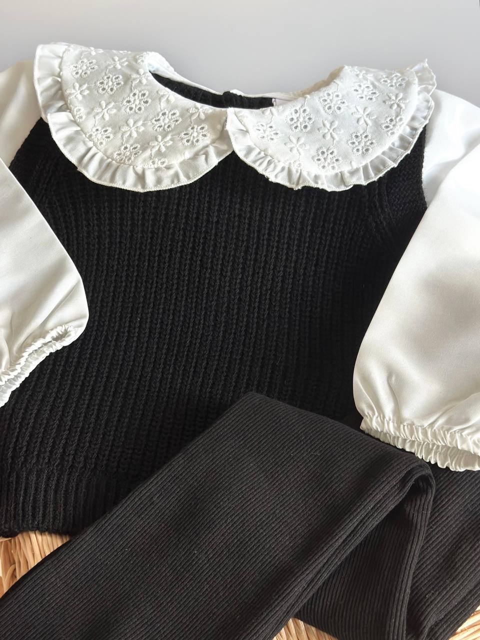 Nakışlı Yaka ve Gömlek Detaylı Triko ve İspanyol Paça Tayt Takım 