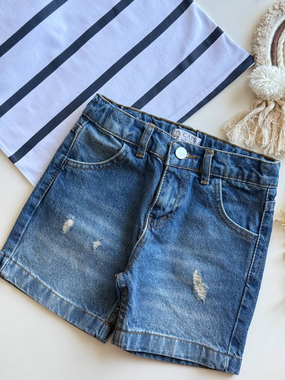 Denim Şortlu Erkek Çocuk Takım – Marine Çizgi