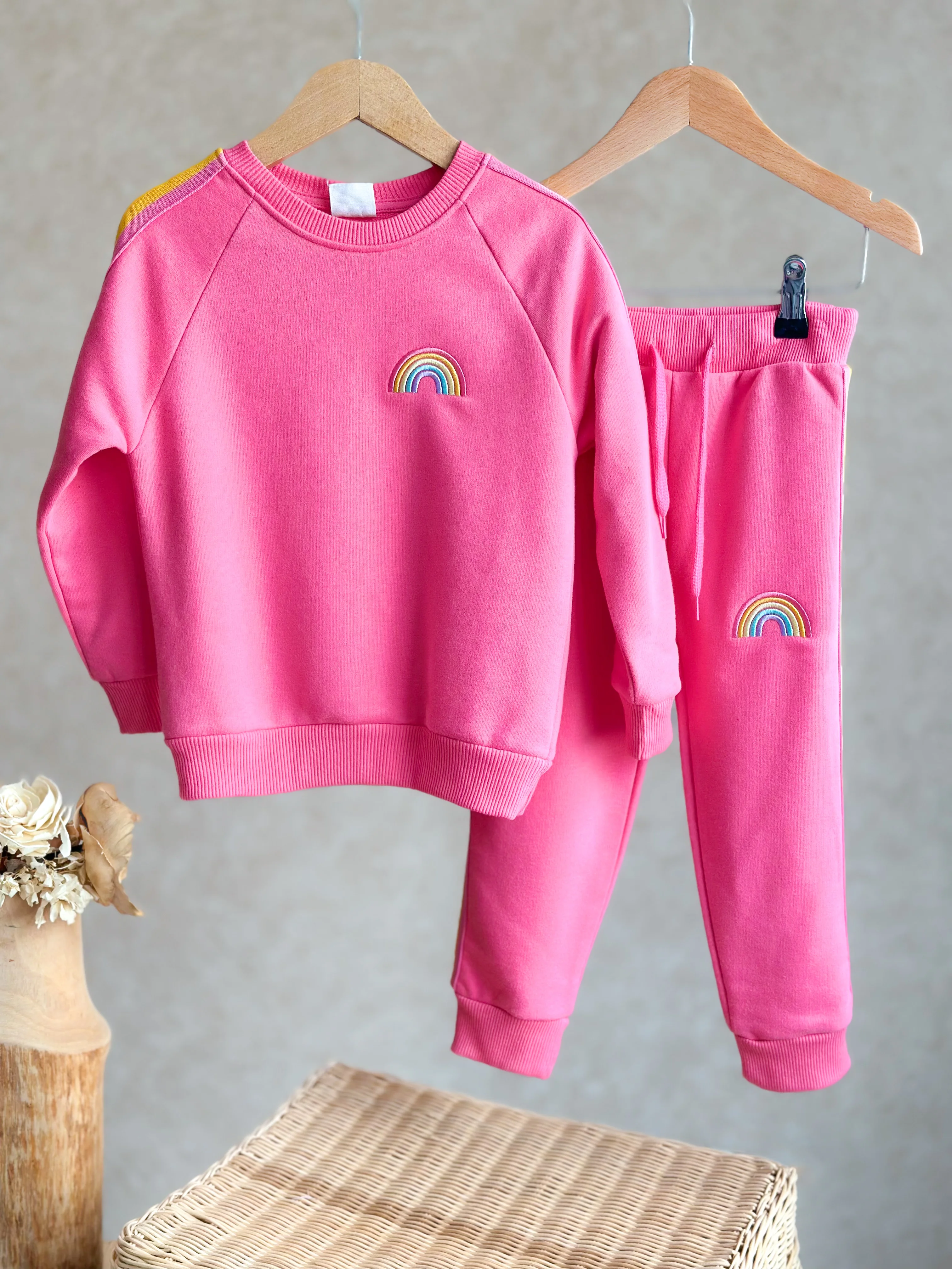 Gökkuşağı Nakışlı Sweatshirt ve Eşofman Takım-Pembe