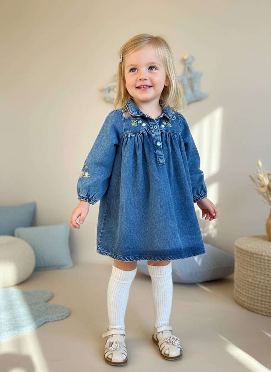 Çiçekli Nakış Detaylı Yumuşak Dokulu Kot Elbise 