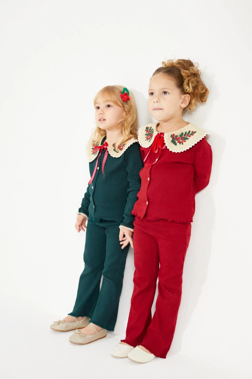 Yılbaşı Nakış Detaylı Triko Kız Çocuk Hırka ve Tayt Takım-Kırmızı
