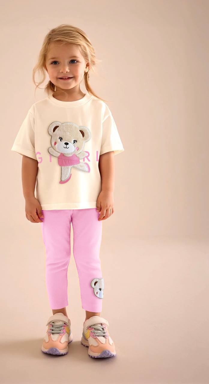 GIRL TEDDY BEAR 3D Plushy Nakışlı T-Shirt ve Tayt Takım