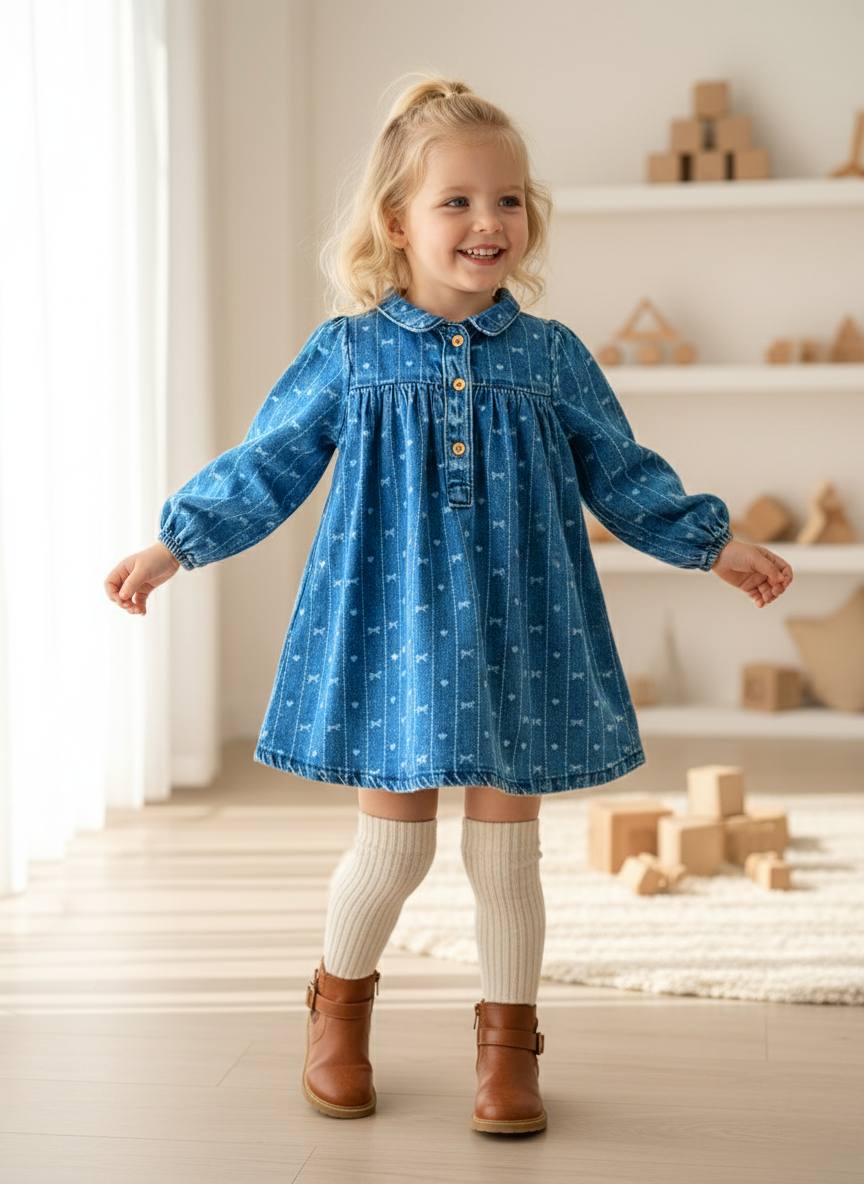 BLUE DREAMS Lazer Fiyonk Baskılı Yumuşak Dokulu Denim Elbise