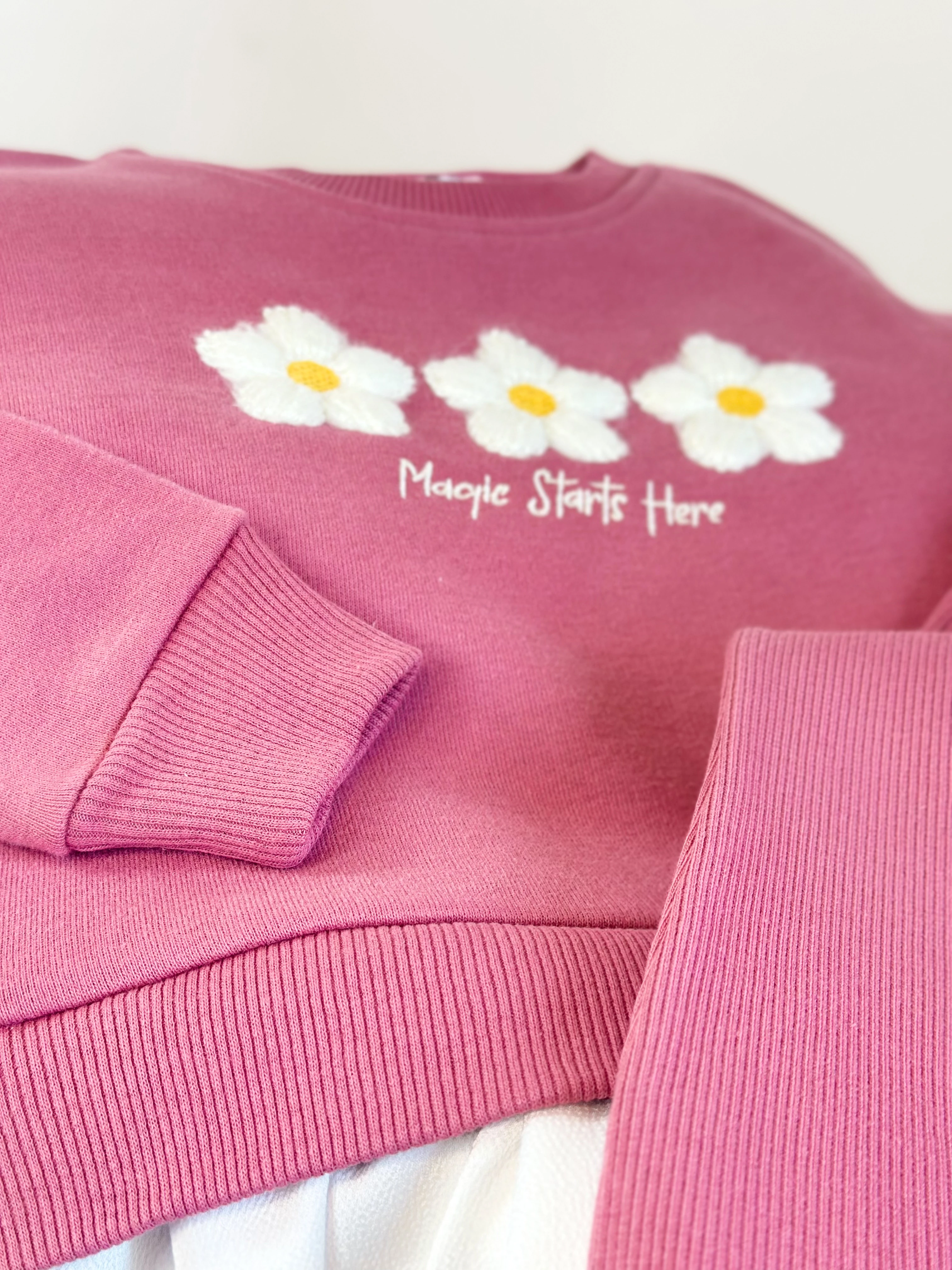 Gömlek Detaylı Çiçek Nakışlı Sweatshirt ve İspanyol Paça Takım