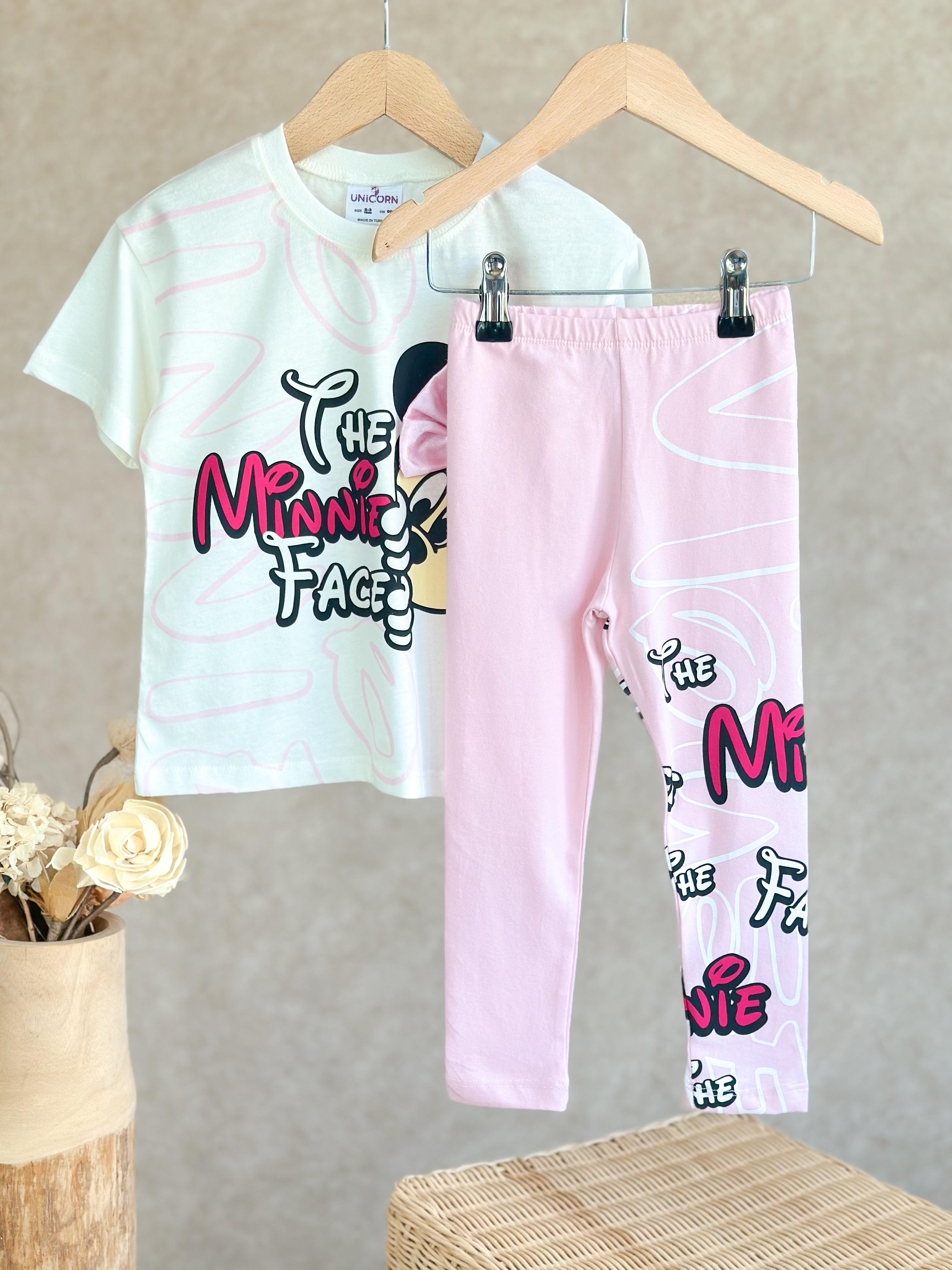 MINNIE FACE 3D Saten Kurdele Detaylı T-Shirt ve Tayt Takım