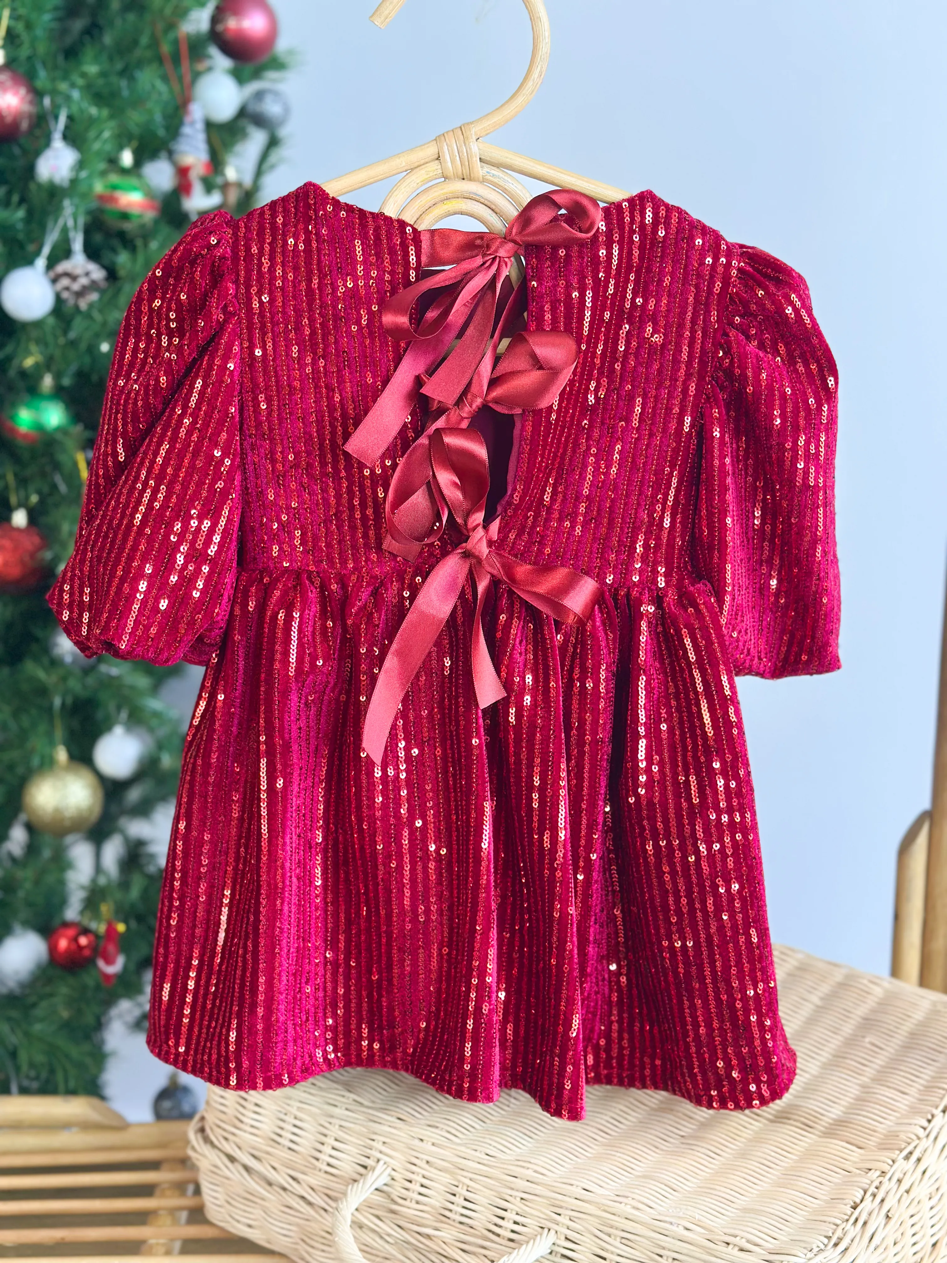 Pullu Balon Kol Elbise-Kırmızı