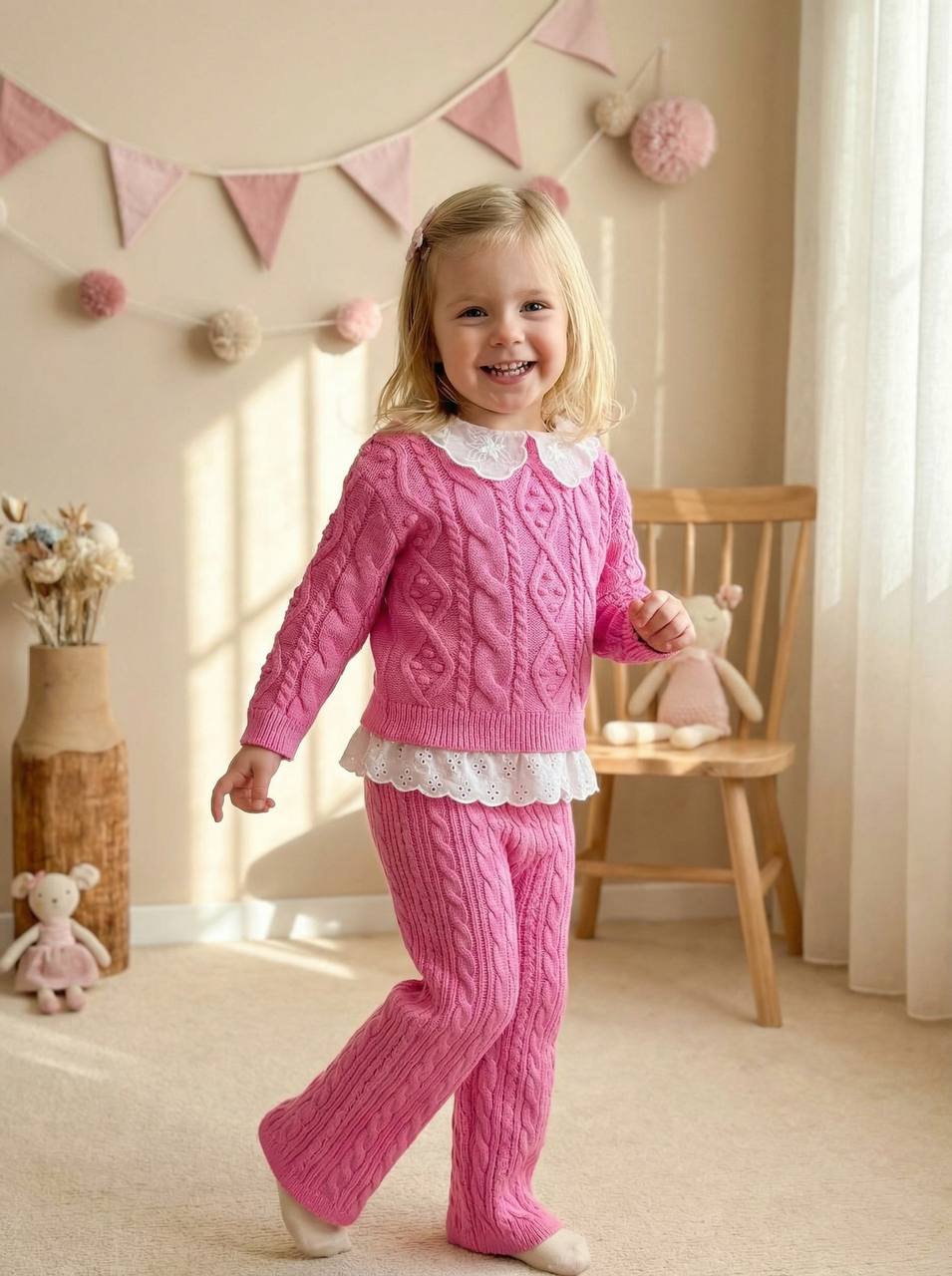 Yaka Detaylı Triko ve Triko Rahat Kalıp Pantolon-Pembe