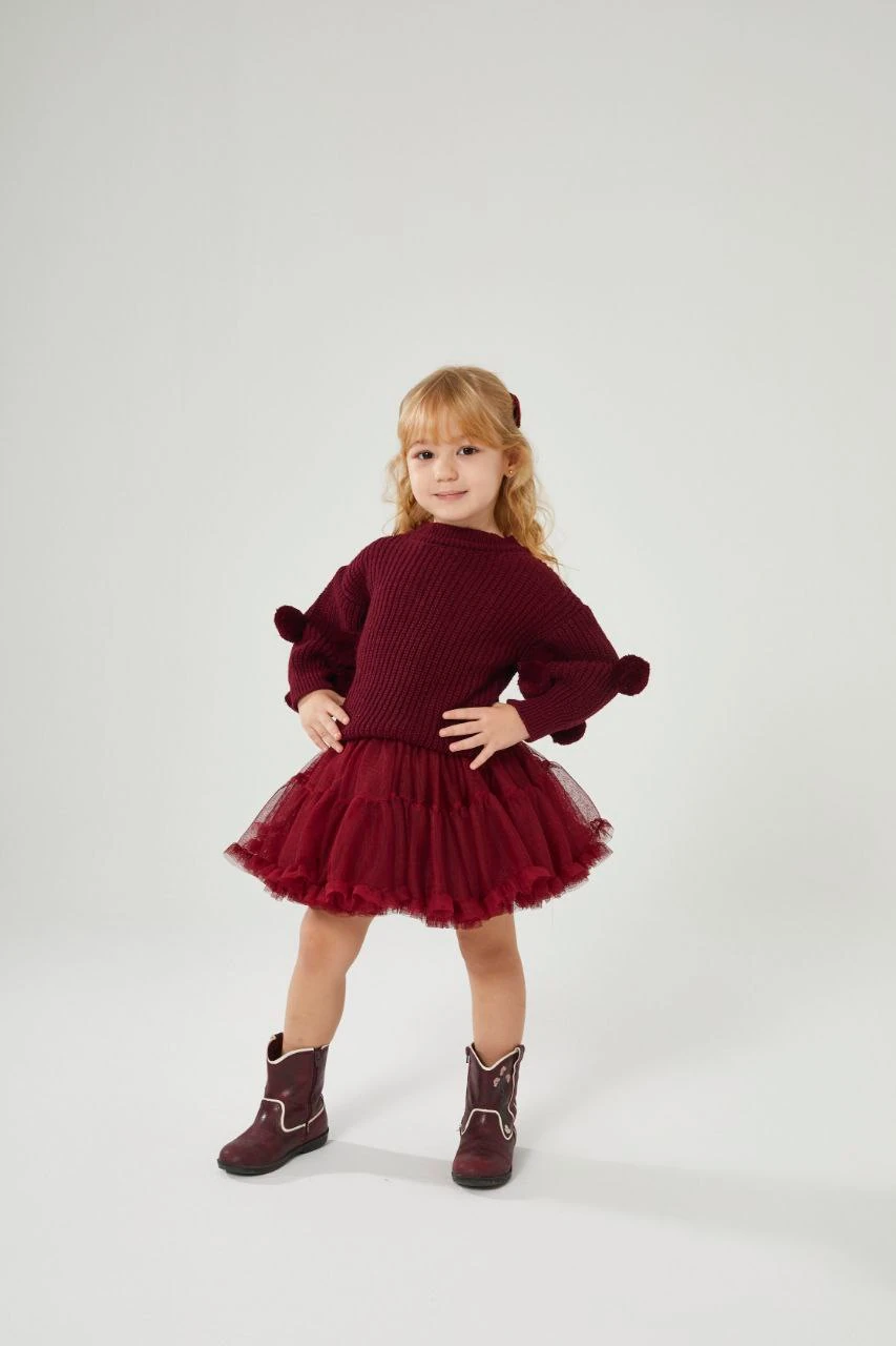 Ponponlu Triko ve Katkat Tül Etek-Bordo