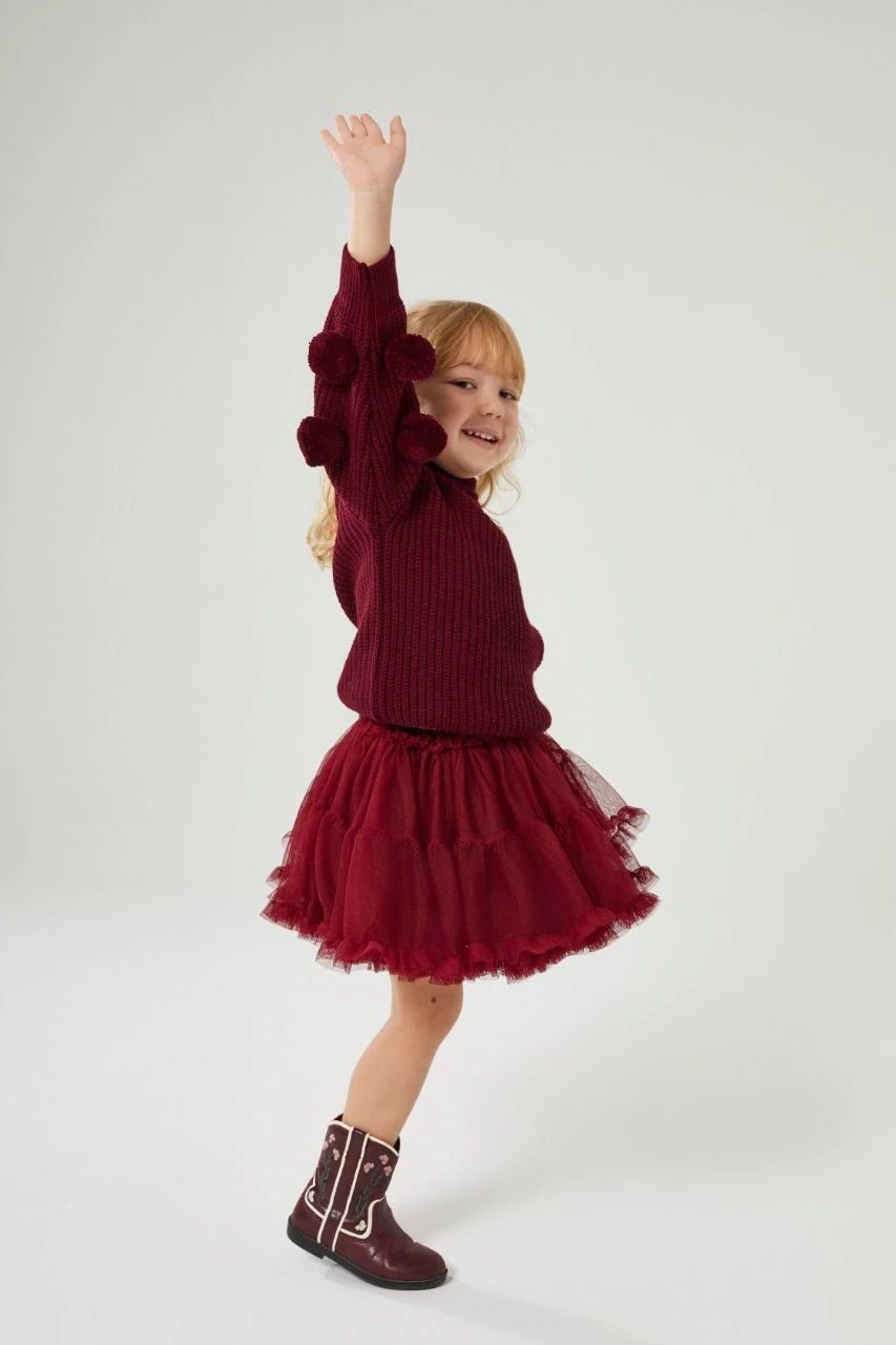 Ponponlu Triko ve Katkat Tül Etek-Bordo