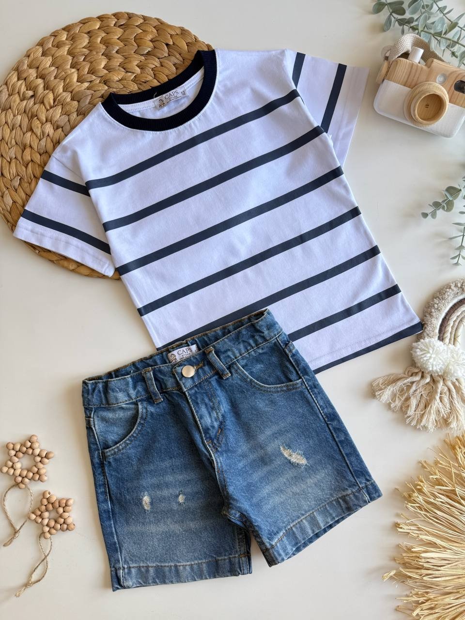 Denim Şortlu Erkek Çocuk Takım – Marine Çizgi