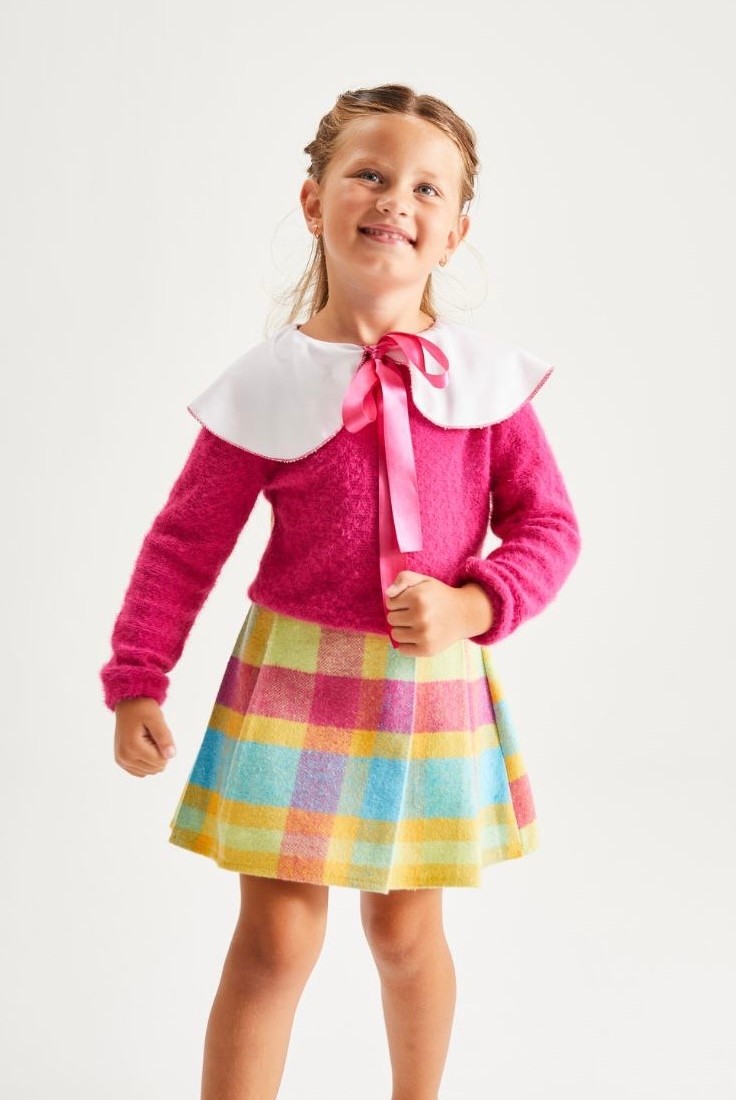 Vintage Triko Kazak ve Ekose Etek Kız Çocuk Takım-Pembe