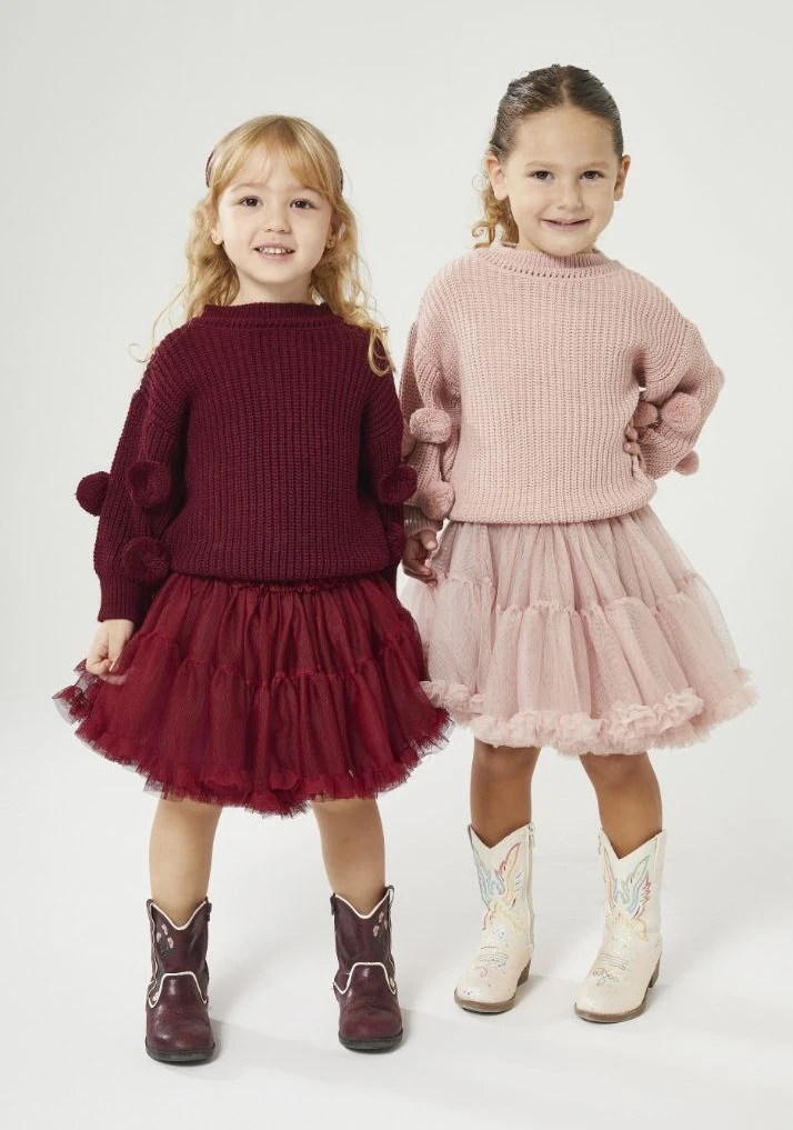 Ponponlu Triko ve Katkat Tül Etek-Bordo