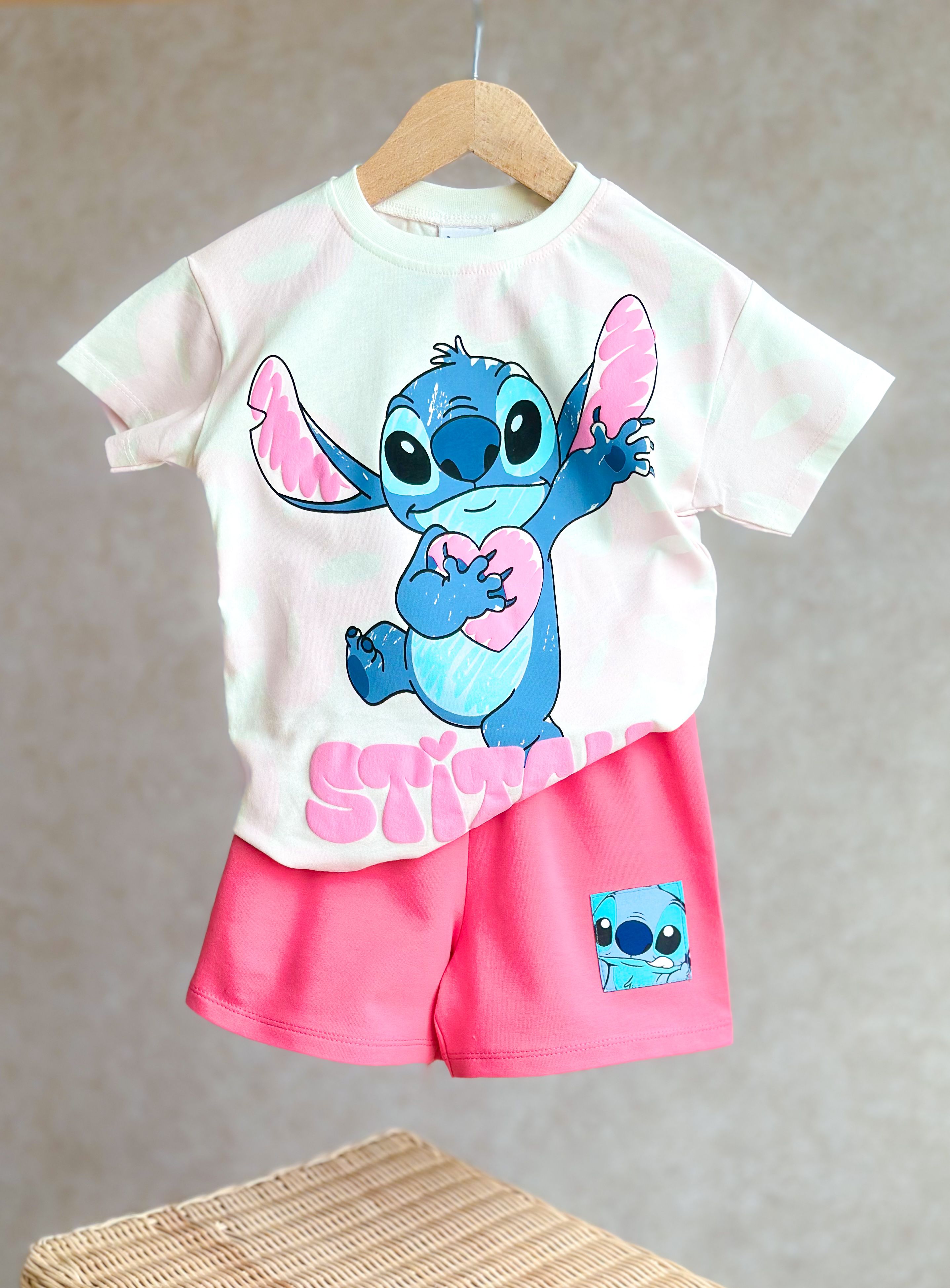 STITCH Kabartma Baskılı T-Shirt ve Şort Takım