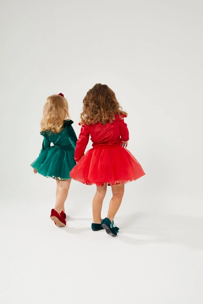 Kırmızı Kadife Bluz ve Pul Detaylı Tütü Etek Takım