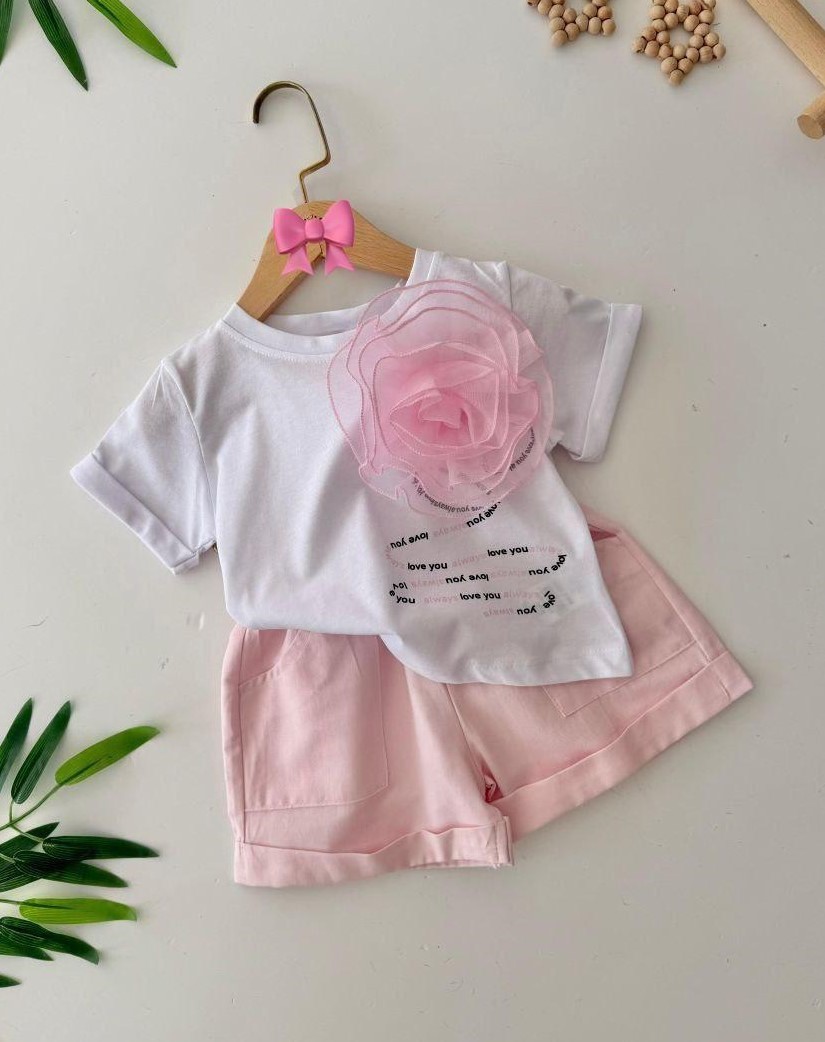 Çiçek Aplikeli Şort Takım - Soft Pembe