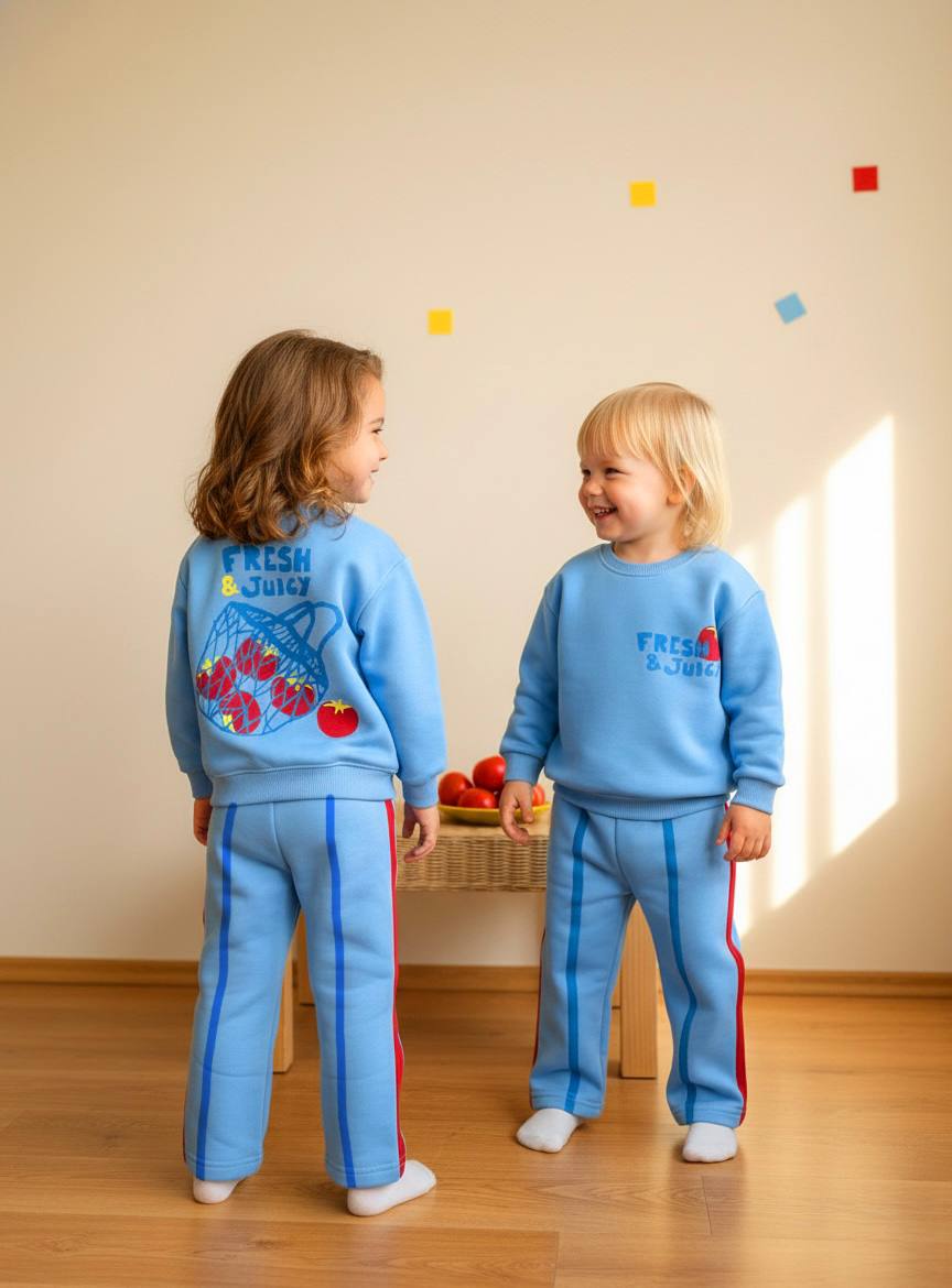 FRESH & JUİCY BASKILI Sweatshirt ve 3 İplik Alt Eşofman Takım-Mavi