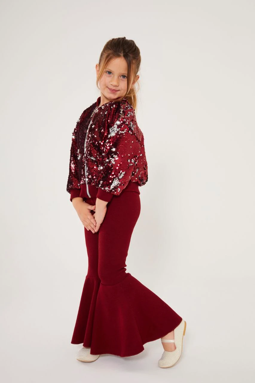 Pullu Ceket ve İspanyol Paça Tayt Takım-Bordo