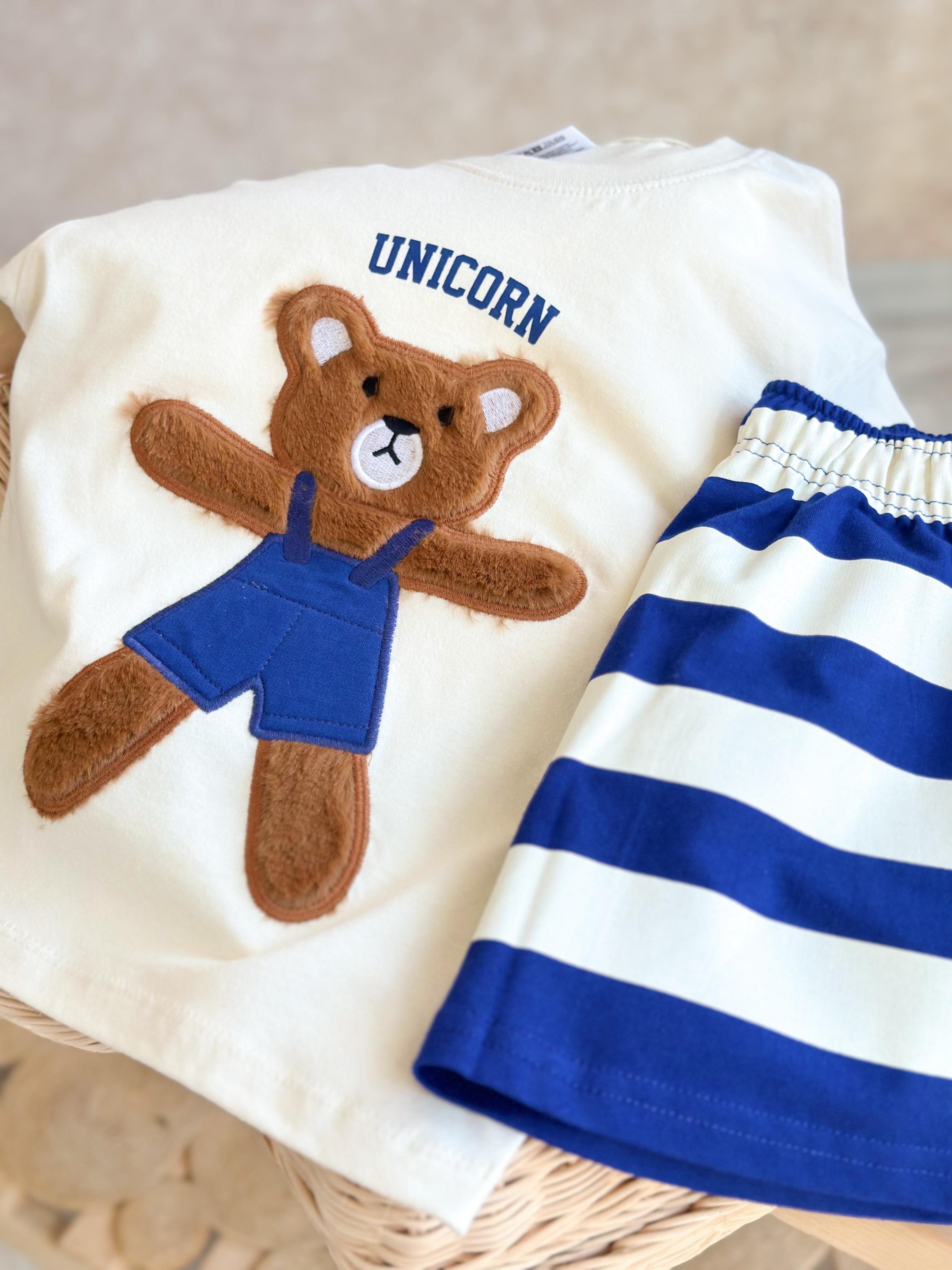 TEDDY BEAR Peluş Detay T-Shirt ve Şort Takım-Mavi