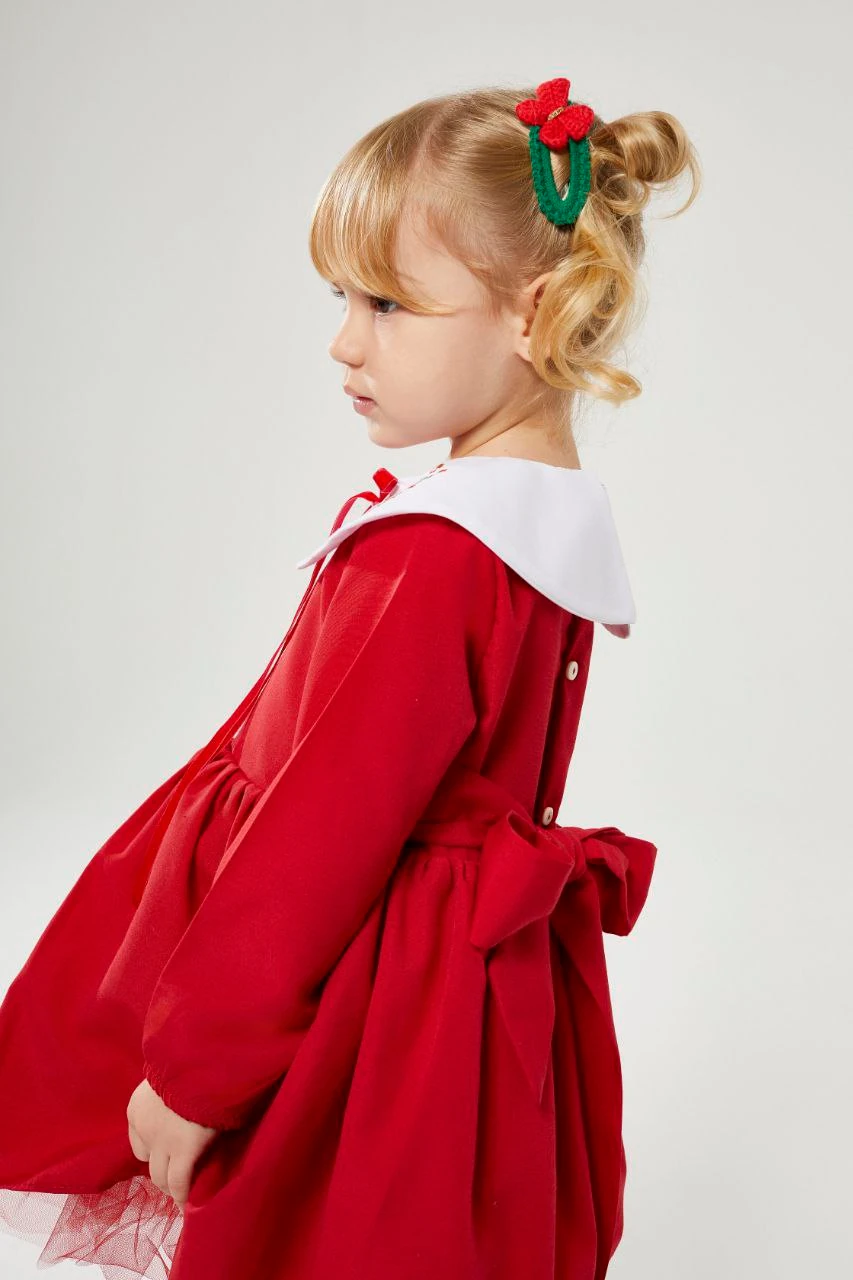 Nakış Yaka Kırmızı Kız Çocuk Elbisesi