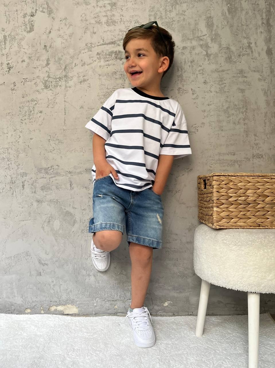 Denim Şortlu Erkek Çocuk Takım – Marine Çizgi