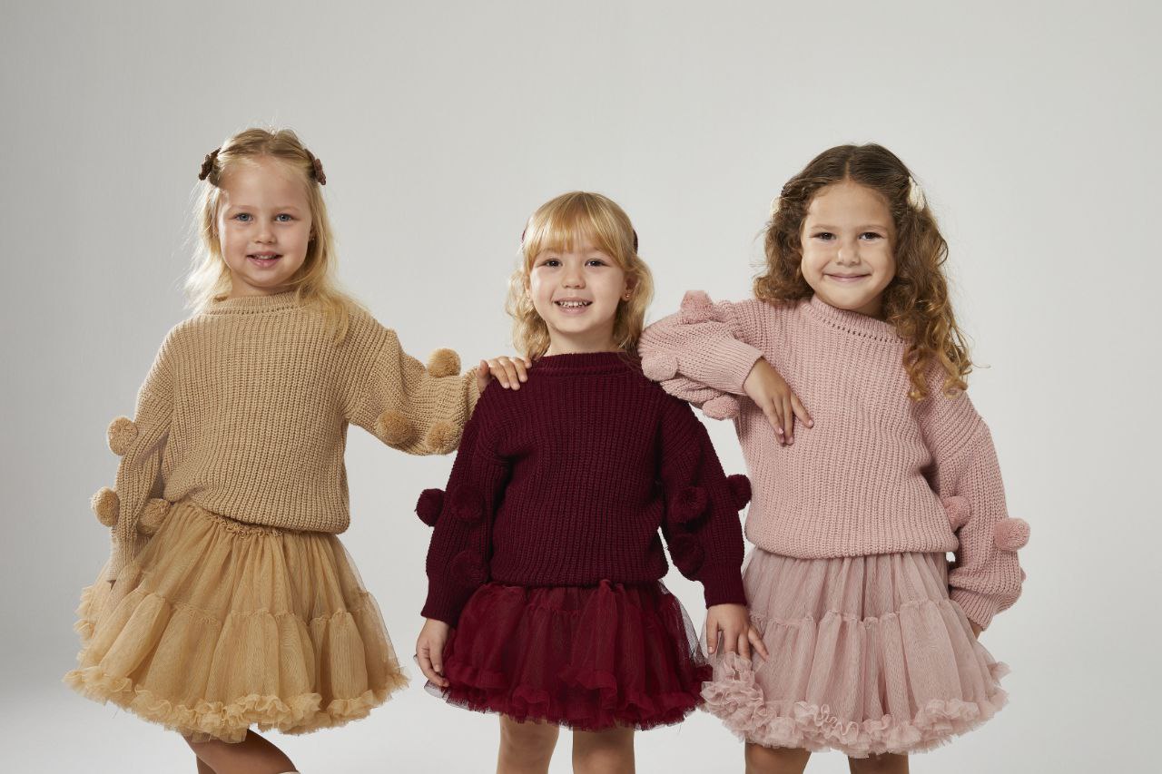 Ponponlu Triko ve Katkat Tül Etek-Bordo