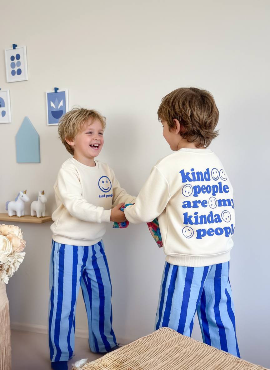 KIND PEOPLE Kabartma Baskılı Sweatshirt ve Kot Canvas Dokuma Pantolon Takım