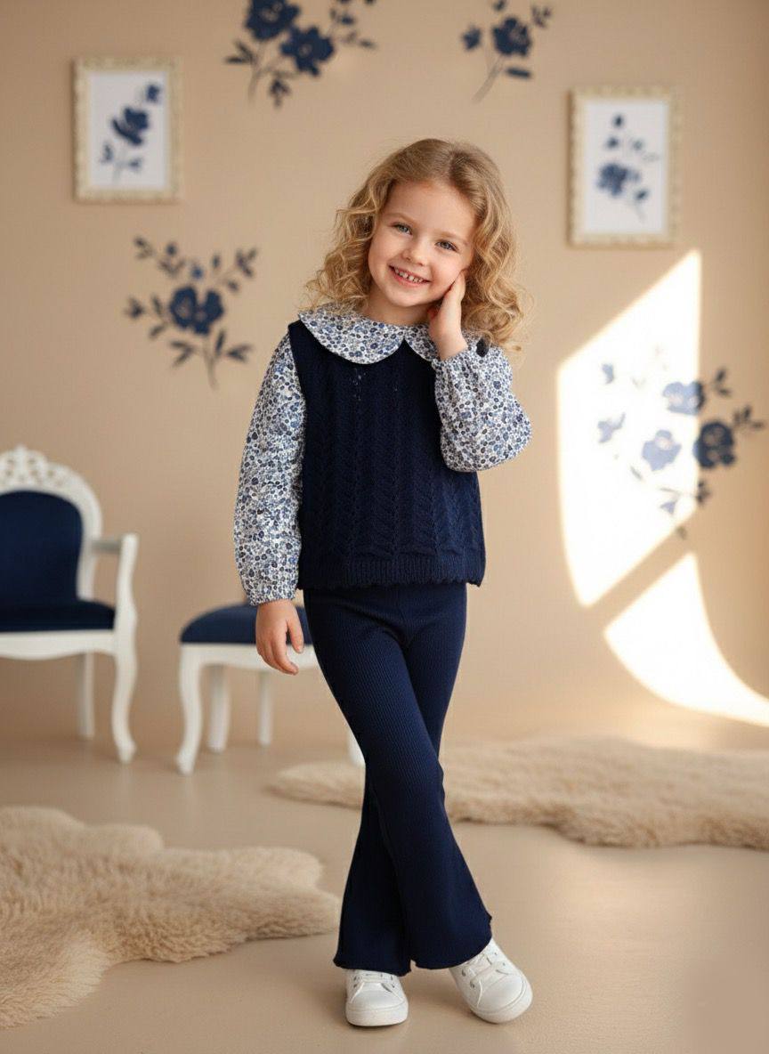 Çiçekli Yaka ve Gömlek Detaylı Triko Takım-Lacivert