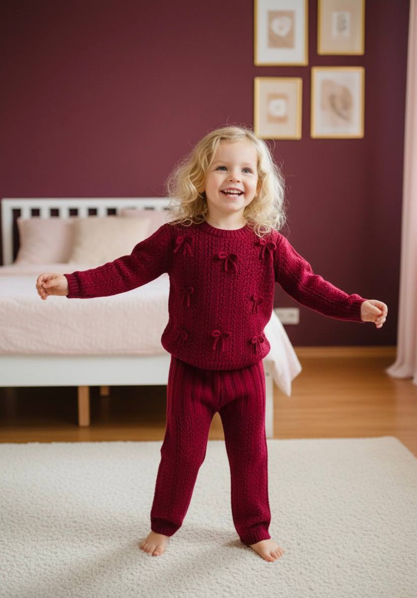 Fiyonk Detaylı ve Nakışlı Triko ve Beli Lastikli Triko Pantolon Takım - Bordo