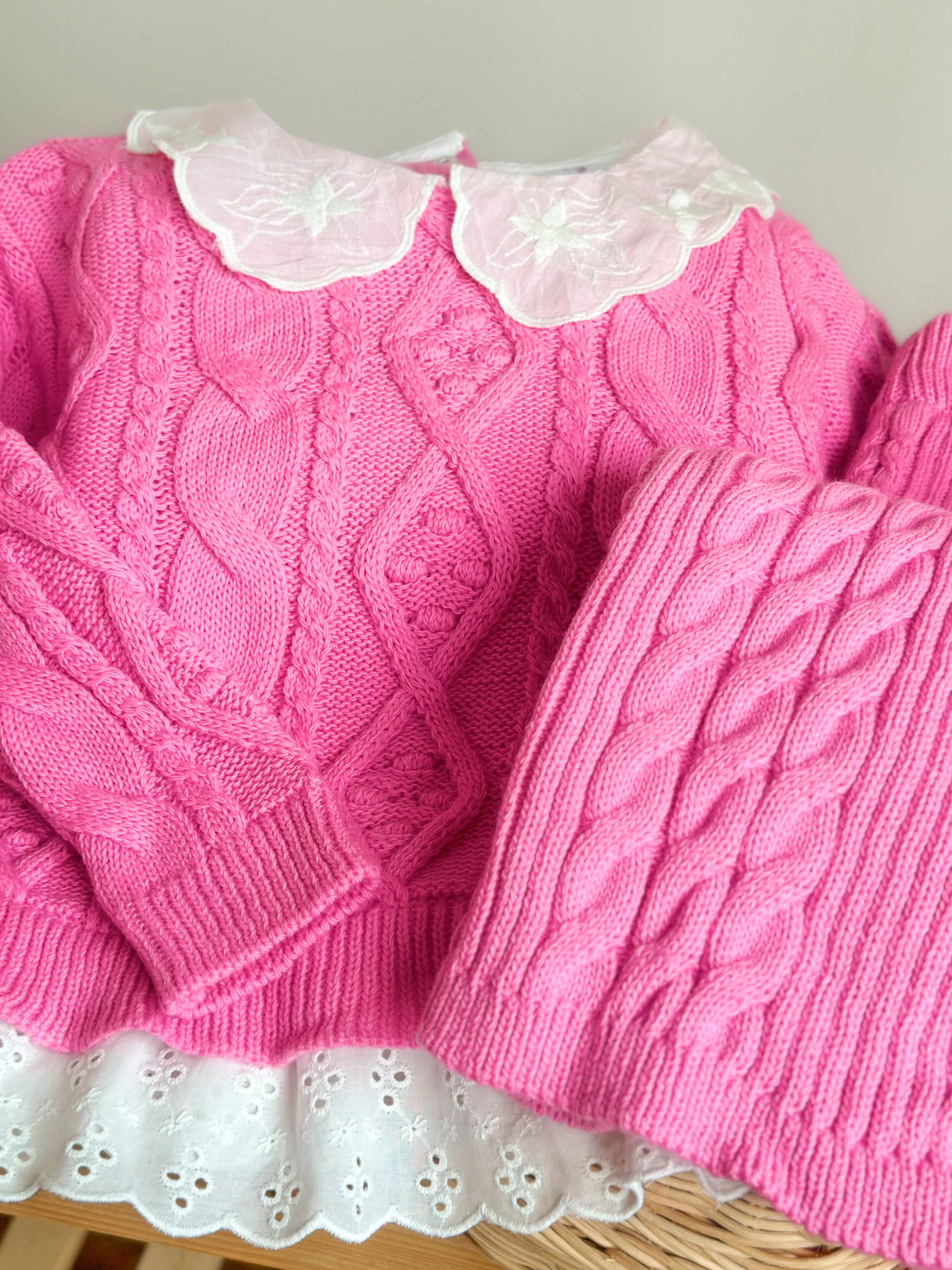 Yaka Detaylı Triko ve Triko Rahat Kalıp Pantolon-Pembe