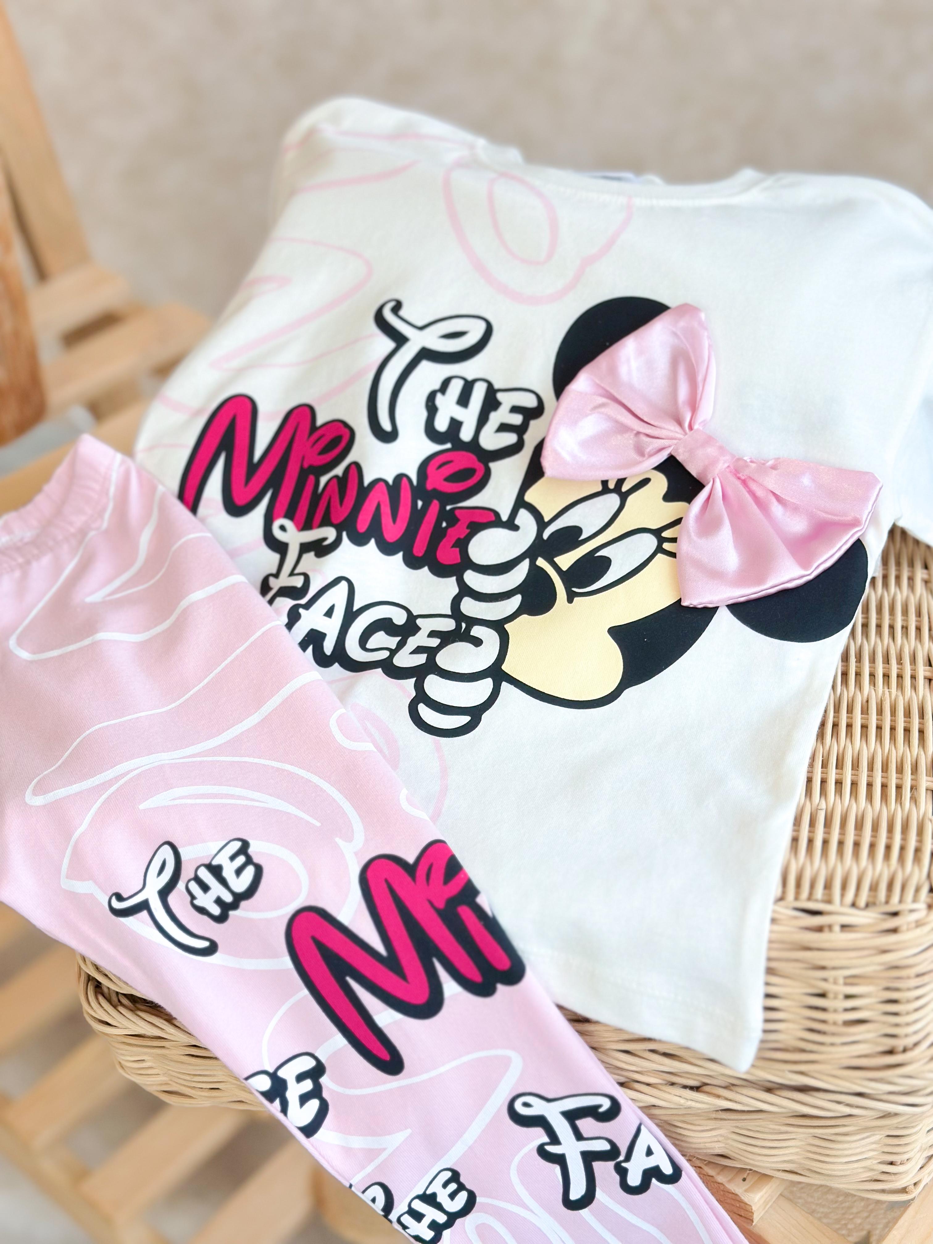 MINNIE FACE 3D Saten Kurdele Detaylı T-Shirt ve Tayt Takım