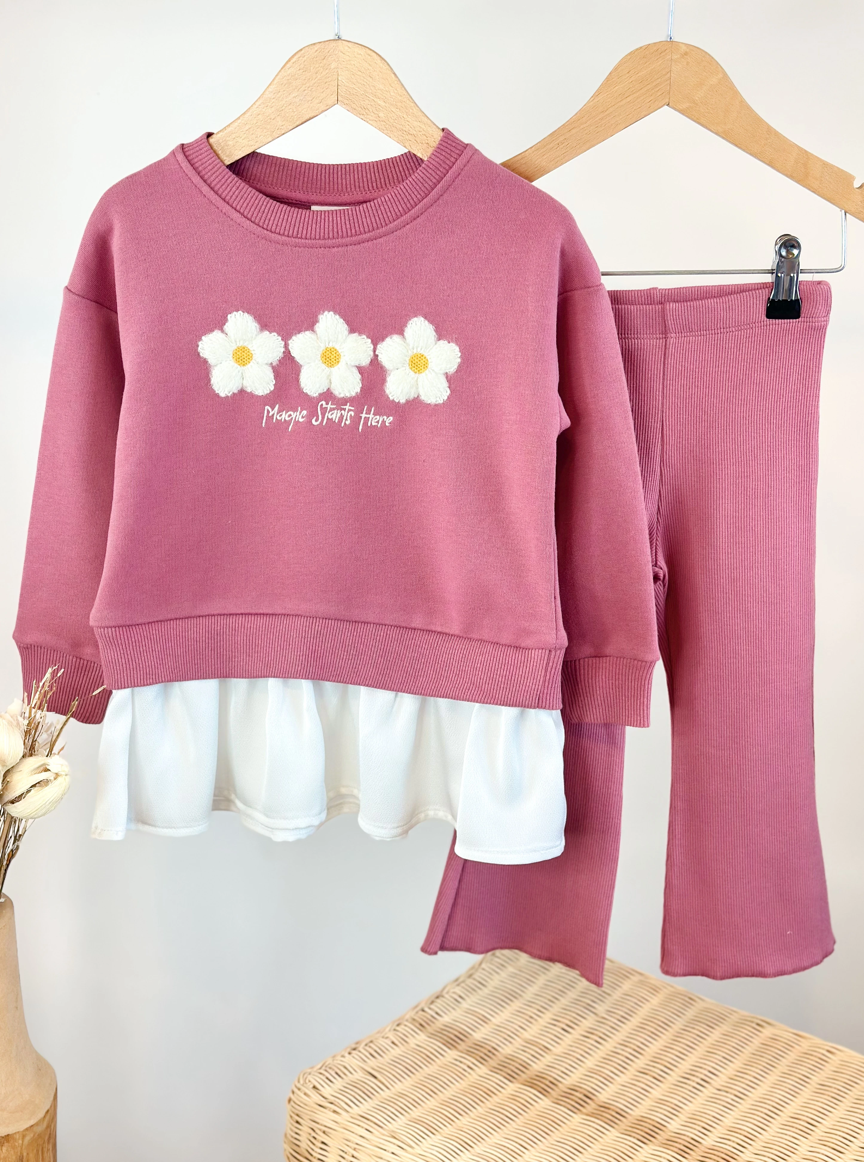 Gömlek Detaylı Çiçek Nakışlı Sweatshirt ve İspanyol Paça Takım