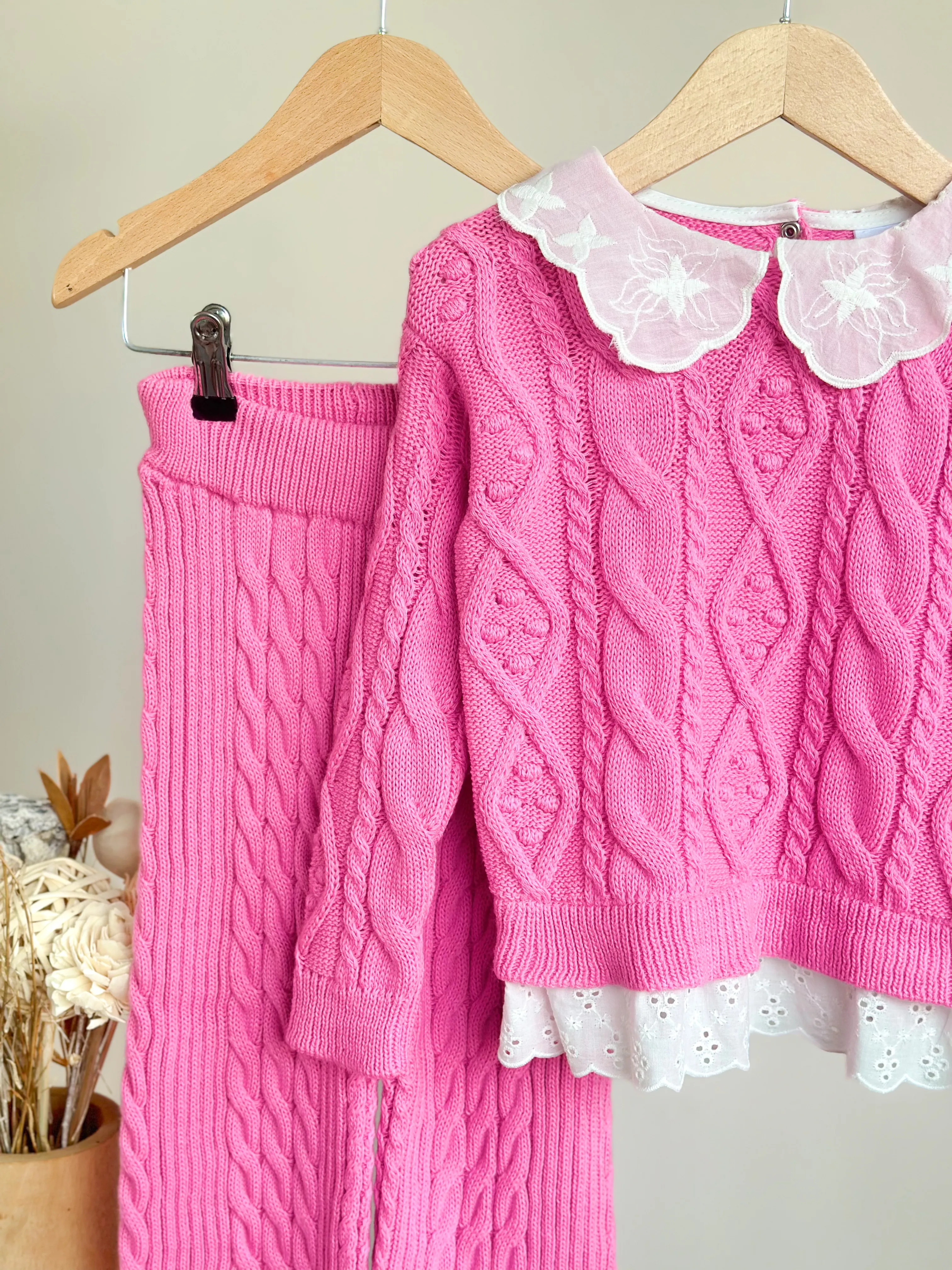 Yaka Detaylı Triko ve Triko Rahat Kalıp Pantolon-Pembe